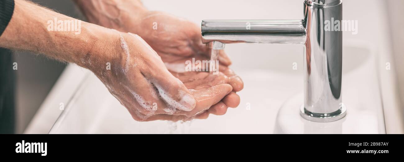 Virus Corona prévention de voyage se laver les mains avec du savon et de l'eau chaude. Hygiène des mains pour l'épidémie de coronavirus. Protection par lavage fréquent des mains Banque D'Images