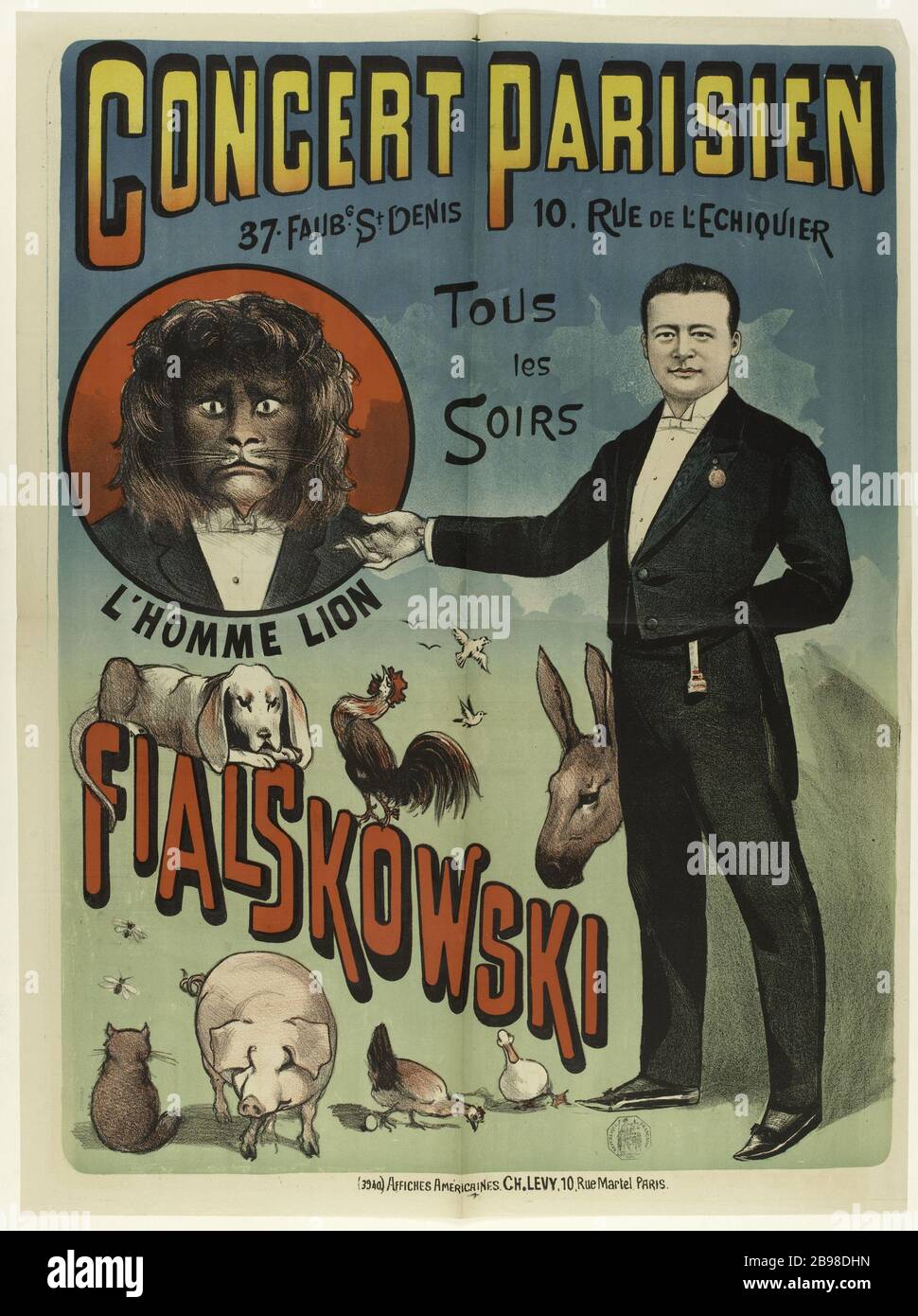 Concert Parisien, 37 Faubg St Denis, 10, rue de l'Echiquier, Homme lion Fialskowski Anonyme. 'Concert Parisien, 37 Faubg St Denis, 10, rue de l'Echiquier, l'Homme lion, Fialskowski'. Lithographie, 1880-1900. Paris, musée Carnavalet. Banque D'Images