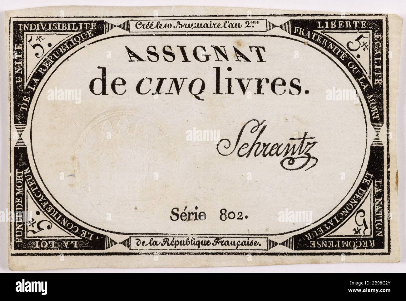 Assignat 5 livres, série 802, 10 Brumaire année 2. Nicolas Marie Gatteaux (1751-1832). Assilat de 5 livres, série 802, 10 brumaire an 2. Typographie, encre. Paris, musée Carnavalet. Banque D'Images
