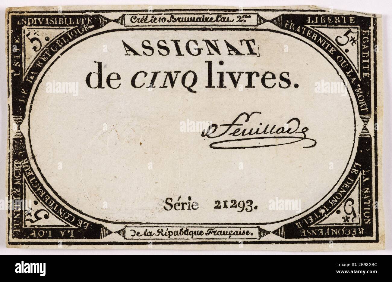 Assignat 5 livres, série 21 293, 10 Brumaire année 2. Nicolas Marie Gatteaux (1751-1832). Assilat de 5 livres, série 21293, 10 brumaire an 2. Typographie, encre. Paris, musée Carnavalet. Banque D'Images
