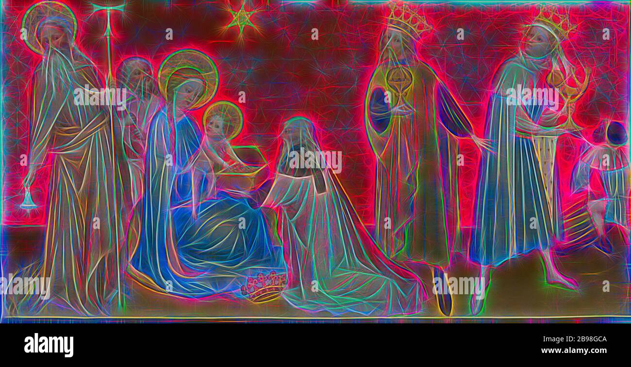 Adoration des Mages avec Saint Anthony Abbot, Maître franco-flamand (français ou flamand, Bourgogne actif, France vers 1400), ou France, vers 1390 - 1410, huile et tempera avec feuille d'or et d'argent sur panneau, panneau: 104.8 × 188.6 × 4.4 cm (41 1/4 × 74 1/4 × 1 3/4 po), repensé par Gibon, design de lumière chaleureuse et gaie, rayonnant de la luminosité et de rayons de lumière. L'art classique réinventé avec une touche moderne. Photographie inspirée par le futurisme, embrassant l'énergie dynamique de la technologie moderne, le mouvement, la vitesse et révolutionnez la culture. Banque D'Images