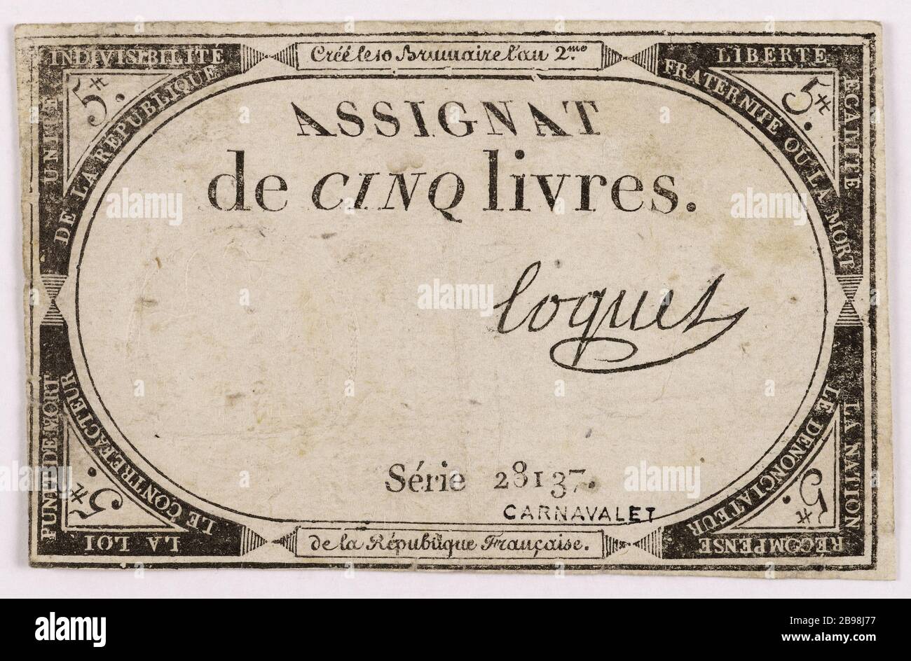 Assignat 5 livres, 28 137 séries, 10 Brumaire année 2. Nicolas Marie Gatteaux (1751-1832). Assilat de 5 livres, série 28137, 10 brumaire an 2. Typographie, encre. Paris, musée Carnavalet. Banque D'Images