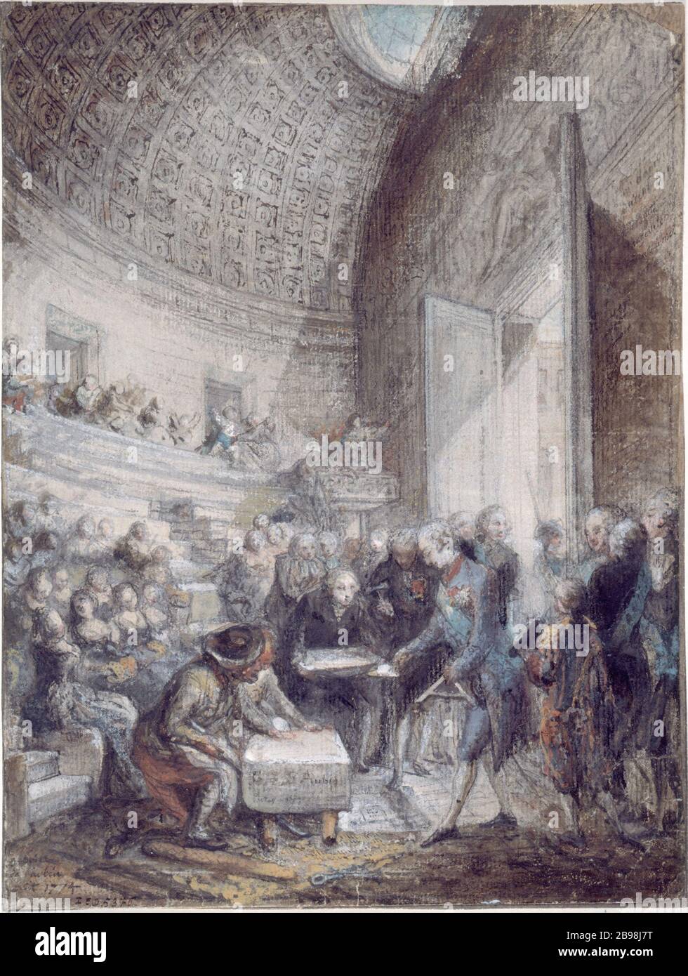 Louis XVI ordonna la poursuite des travaux de l'école de chirurgie, 14 décembre 1774 Gabriel Saint-Aubin (1724-1780). 'Louis XVI ordonne la continuation des travaux de l'Ecole de brugrie, 14 décembre 1774'. Deesin (crayon noir, aquarelle, sépia et gouache), 1774. Paris, musée Carnavalet. Banque D'Images
