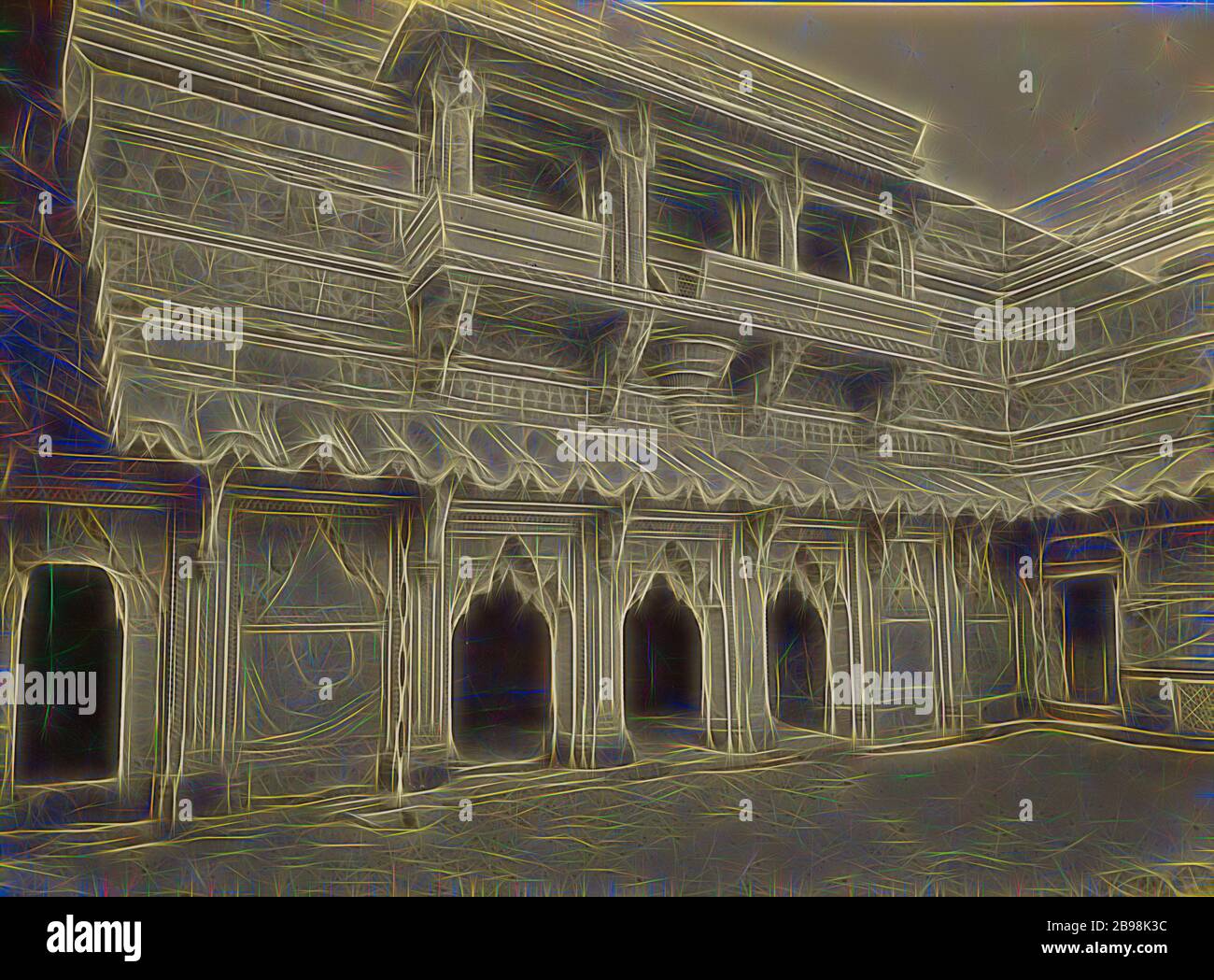 Intérieur de Man Mandir, Gwalior, Lala Deen Dayal (Indien, 1844 - 1905), Gwalior, Madhya Pradesh, Inde, 1882, impression argentée d'albumine, 19.4 × 26 cm (7 5/8 × 10 1/4 po), réimaginé par Gibon, conception de lumière chaude et gaie de la luminosité et de rayons lumineux radiance. L'art classique réinventé avec une touche moderne. Photographie inspirée par le futurisme, embrassant l'énergie dynamique de la technologie moderne, le mouvement, la vitesse et révolutionnez la culture. Banque D'Images