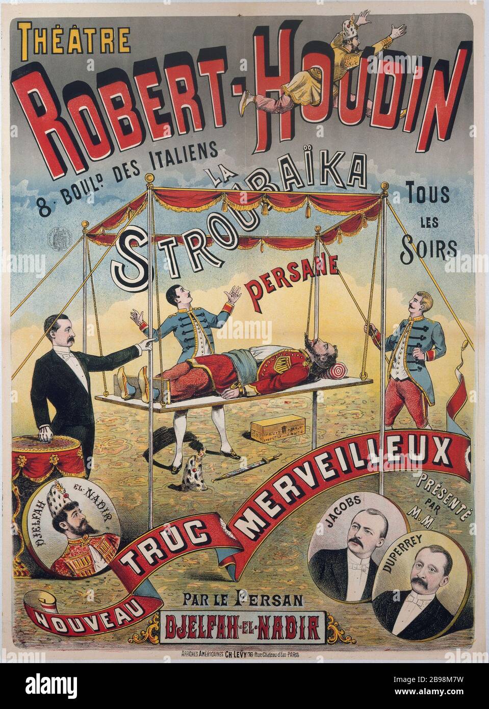 THÉÂTRE ROBERT-HOUDIN, 8 BOULEVARD D'ITALIEN - LE PERSAN STROUBAIKA PAR LE PERSAN DJELFAH-EL-NADIR, NOUVELLE CHOSE MERVEILLEUSE ET PRÉSENTÉ PAR JACOBS DUPERREY CHARLES LEVY. 'Théâtre Robert-Houdin, 8 boulevard des Italiens - la Stroubaïka Persane, par le persan Djelfah-El-Nadir, nouveau truc merveilleux présenté par Jacobs et Duperrey'. Fiche. Paris, musée Carnavalet. Banque D'Images
