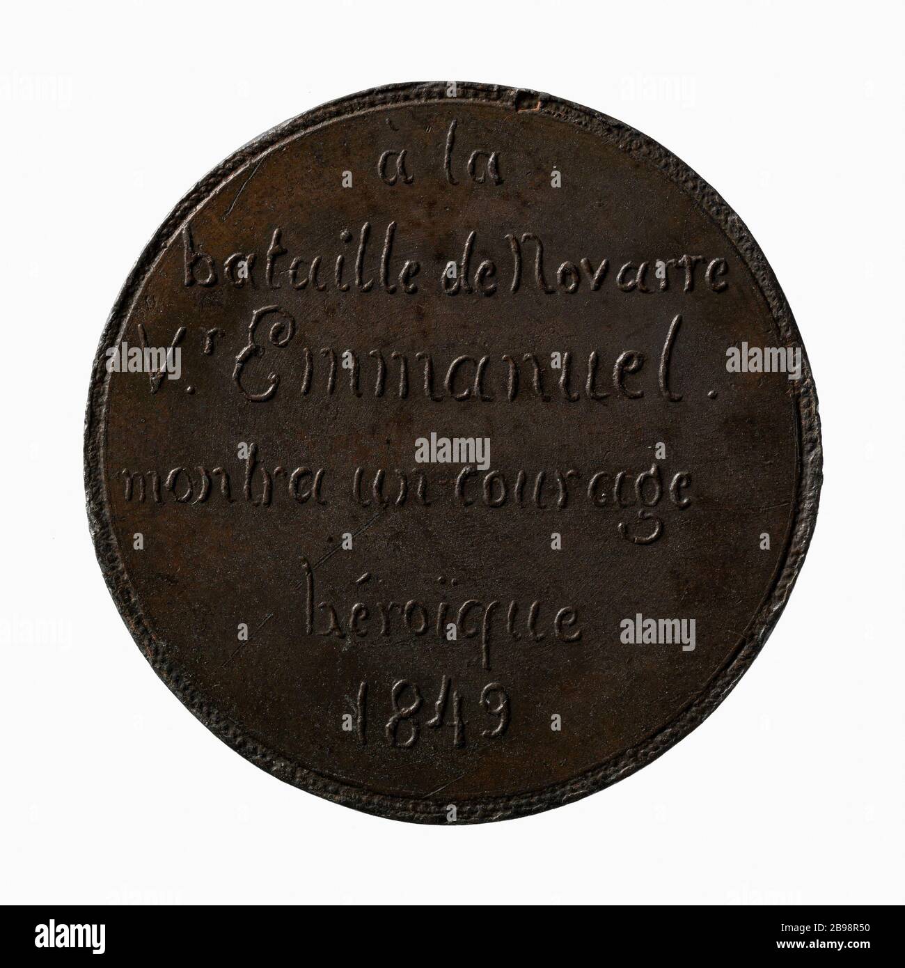 Glorification du rôle de Victor Emmanuel II d'Italie (1820-1878) à la bataille de Novara, 23 mars 1849 (titre factice) Médaille sur la glorification du rôle de Victor-Emmanuel II d'Italie (1820-1878) à la bataille de Novrare, 23 mars 1849. Cuivre. 1849. Paris, musée Carnavalet. Banque D'Images