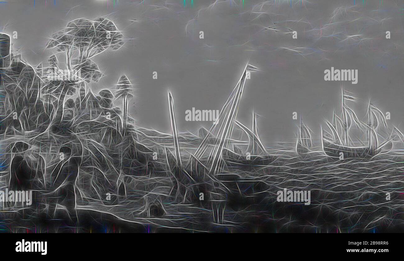 Adam Willaerts, Rocky Coast avec des navires et des figures, Rocky Coast avec des navires et des figures, peinture, 1627, huile sur chêne, hauteur, 49.5 cm (19.4 pouces), largeur, 87.2 cm (34.3 pouces), signé, AW1627, bas gauche, repensé par Gibon, conception de chaleureux brillant gai de luminosité et de rayons lumineux radiance. L'art classique réinventé avec une touche moderne. Photographie inspirée par le futurisme, embrassant l'énergie dynamique de la technologie moderne, le mouvement, la vitesse et révolutionnez la culture. Banque D'Images