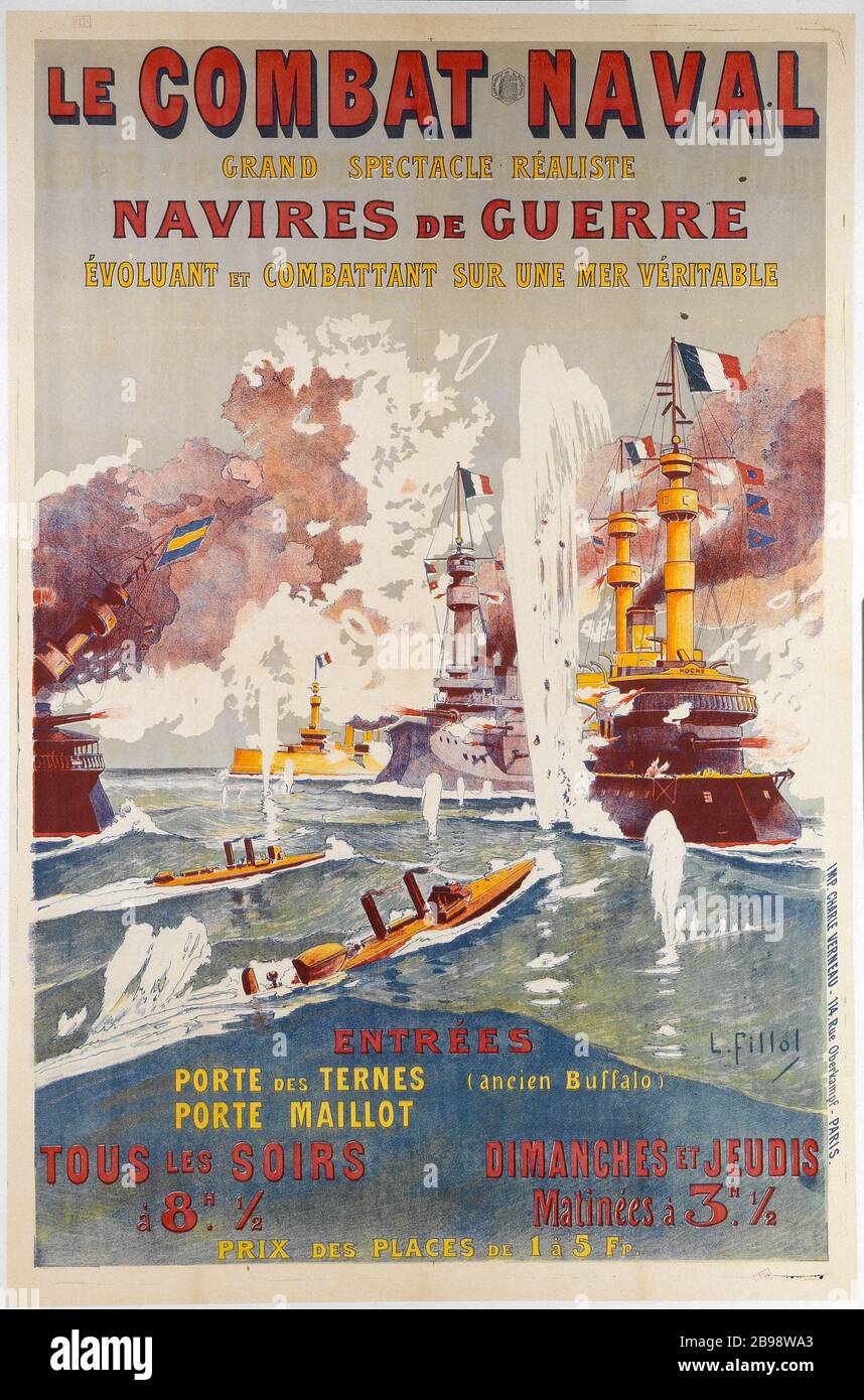 GUERRE NAVALE, GRAND SPECTACLE RÉALISTE PORTE DE TERNE (VIEUX BUFFALO) LÉON-A. Fillol ; imprimerie Charles Verneau. 'Le combat Naval, Grand spectacle Réaliste, porte des Ternes (ancen Buffalo)'. Fiche. Lithographie couleur. Paris, musée Carnavalet. Banque D'Images