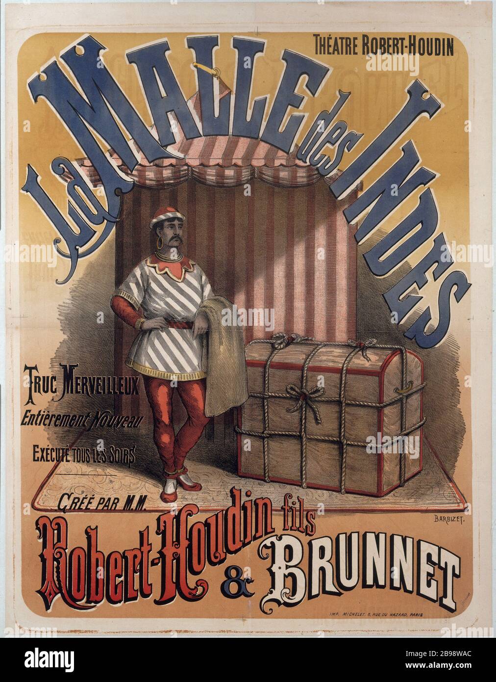 THÉÂTRE ROBERT-HOUDIN, 8 BOULEVARD D'ITALIEN - LE TRONC D'ILDES PAR ROBERT HOUDIN SON ET BRUNNET BARBIZET. 'Théâtre Robert-Houdin, 8 boulevard des Italiens - la Malle des Indes par Robert Houdin fils et BrunNet'. Fiche. Paris, musée Carnavalet. Banque D'Images