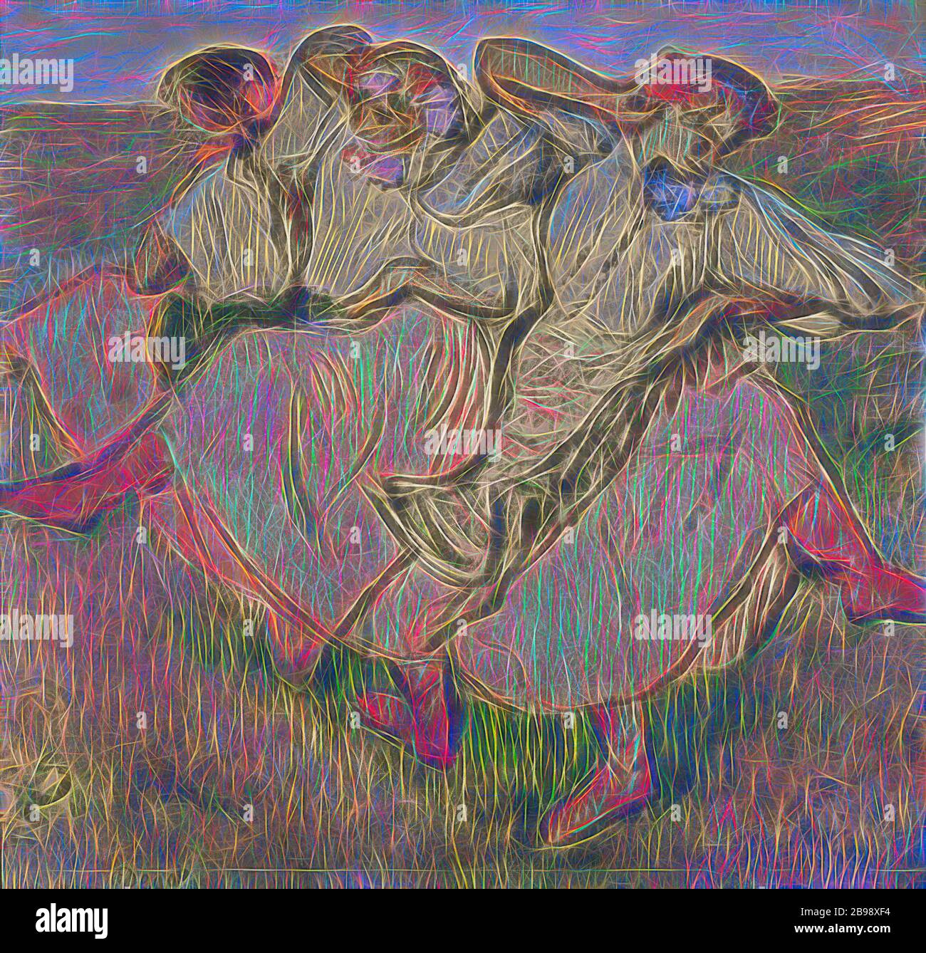 Edgar Degas, trois danseurs russes, peinture, pastel sur papier monté sur carton, pastel sur papier, hauteur, 62 cm (24.4 pouces), largeur, 67 cm (26.3 pouces), signé, Degas, réimaginé par Gibon, design de chaleureux gai brillant de luminosité et de lumière rayonnante. L'art classique réinventé avec une touche moderne. Photographie inspirée par le futurisme, embrassant l'énergie dynamique de la technologie moderne, le mouvement, la vitesse et révolutionnez la culture. Banque D'Images