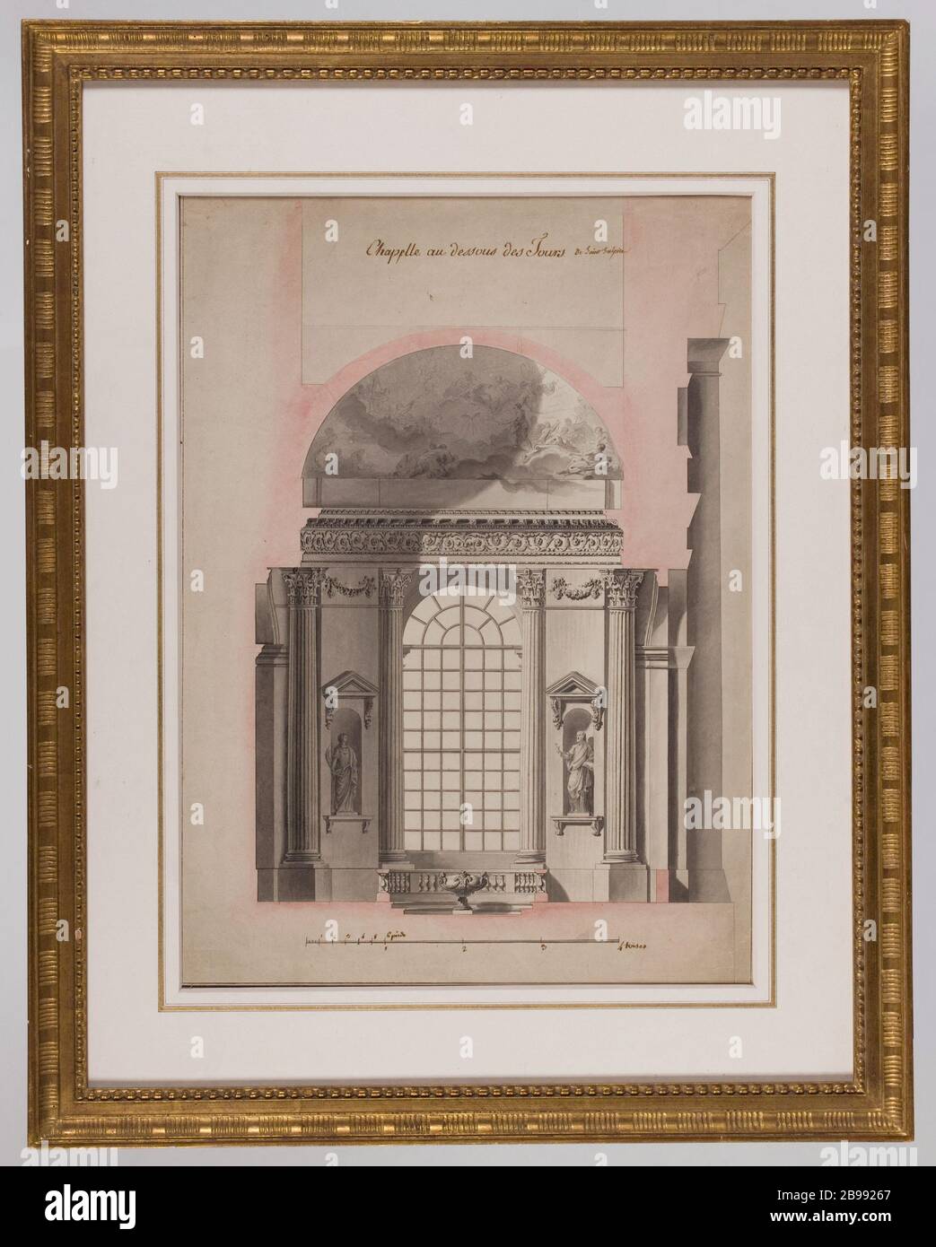 LA CHAPELLE DES FONTES BATISMAUX ST SULPICE, VERS 1776 Jean-François Chalgrin (1739-1811). 'La chapelle des Fonts Batismaux à St Sulpice, vers 1776.' Panache, encre, lavis gris et rose sur papier. Paris, musée Carnavalet. Banque D'Images