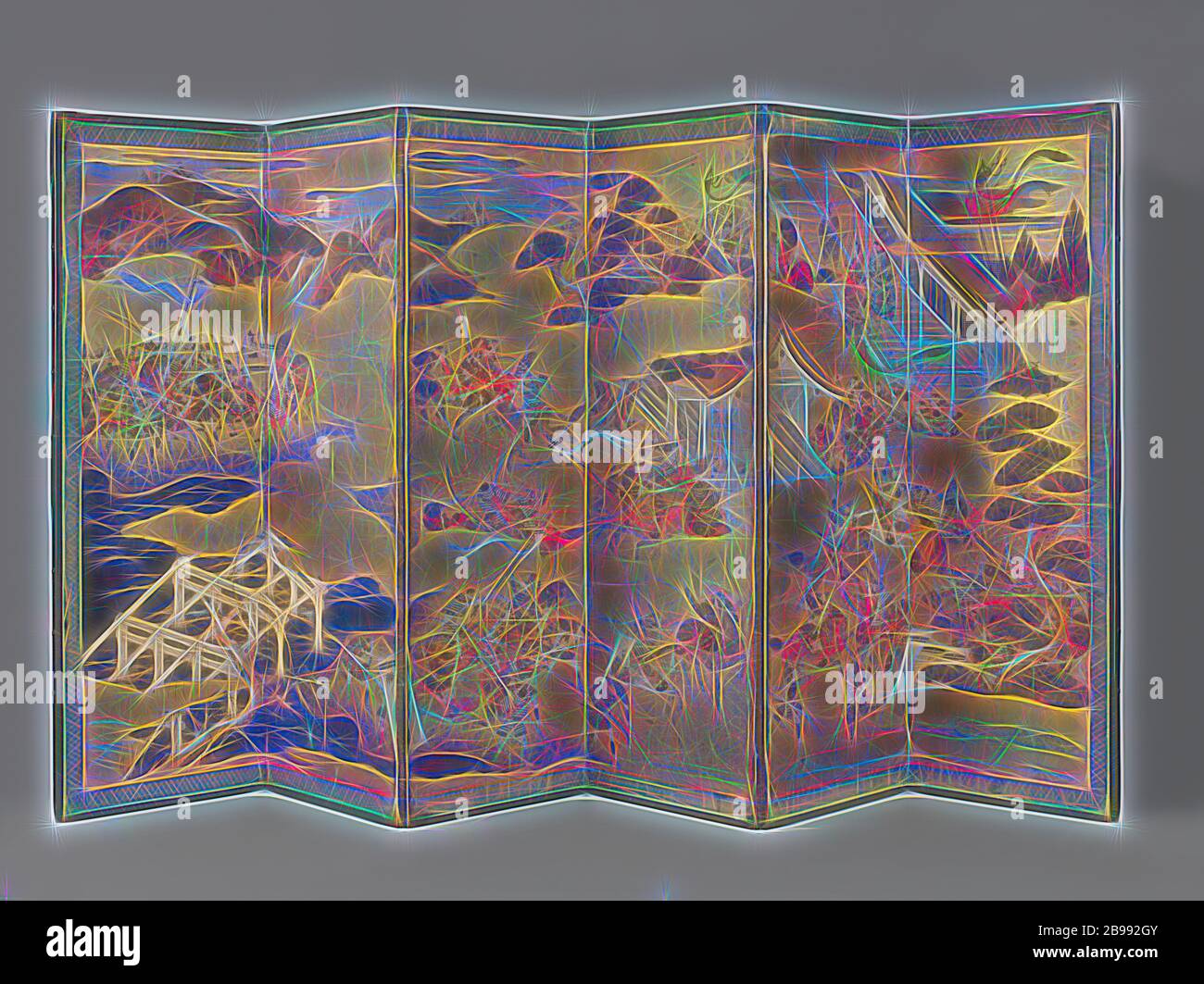 Écran pliant, six parties, épisode de la guerre de Heiji., Japon, 1675 - 1725, encre, colorant, or (métal), papier, h 164.5 cm W 57 cm W 55.5 cm t 11 cm, repensé par Gibon, design chaleureux et joyeux rayonnant de la luminosité et de rayons de lumière radiance. L'art classique réinventé avec une touche moderne. Photographie inspirée par le futurisme, embrassant l'énergie dynamique de la technologie moderne, le mouvement, la vitesse et révolutionnez la culture. Banque D'Images