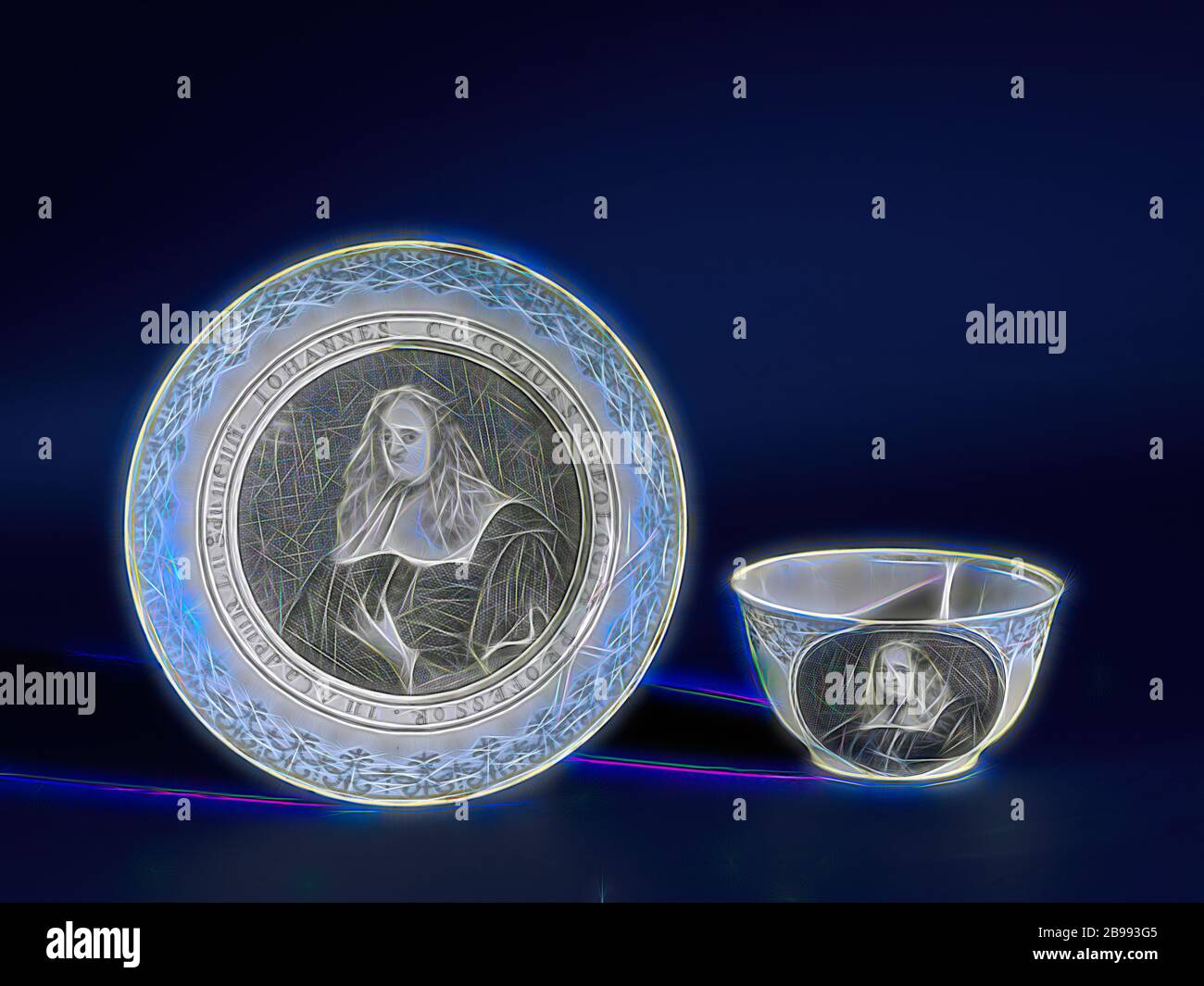 En forme de tasse et soucoupe avec un portrait de Johannes Cocceius, en forme de cloche, tasse et soucoupe en porcelaine peinte sur l'émail en noir et or. Sur l'étagère un médaillon avec le portrait de Johannes Cocceius avec l'inscription 'IOHANNES COCCEIUS THEOLOGIA Professeur à l'Université LUGDUNENSI', une bande avec vrilles dans le style de Meissen sur le bord intérieur. La tasse avec la même décoration, avec l'inscription 'IOANNES COCCEIUS'. Salon européen en encre de Chine., anonyme, la Chine, l'c. 1725 - c. 1749, dynastie Qing-(1644-1912) / Yongzheng-période (1723-1735) / période de Qianlong (1736-1795), porcelaine (materia Banque D'Images