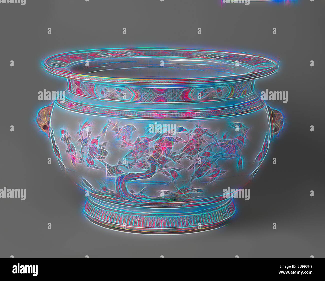Fish Bowl avec des plantes à fleurs, les animaux et les têtes de lion en porcelaine moulée, bocal à poissons avec un corps sphérique, bord plat et la diffusion de la base, peint sur la glaçure en bleu, rouge, vert, jaune, aubergine, noir et or. Sur le mur extérieur deux fois l'arbre avec des plantes à fleurs. Entre les deux, un modèle général d'un shishi (chien lion) deux fois avec les supports de bague d'un chrysanthème fleurs ci-dessous. Sur l'épaule un groupe avec nappes travail interrompu en alternant ensemble et la moitié des fleurs de lotus. La face inférieure du mur avec une bande de chrysanthèmes sur frogsilk interrompue par des cartouches avec des plantes. Le cou à nap Banque D'Images