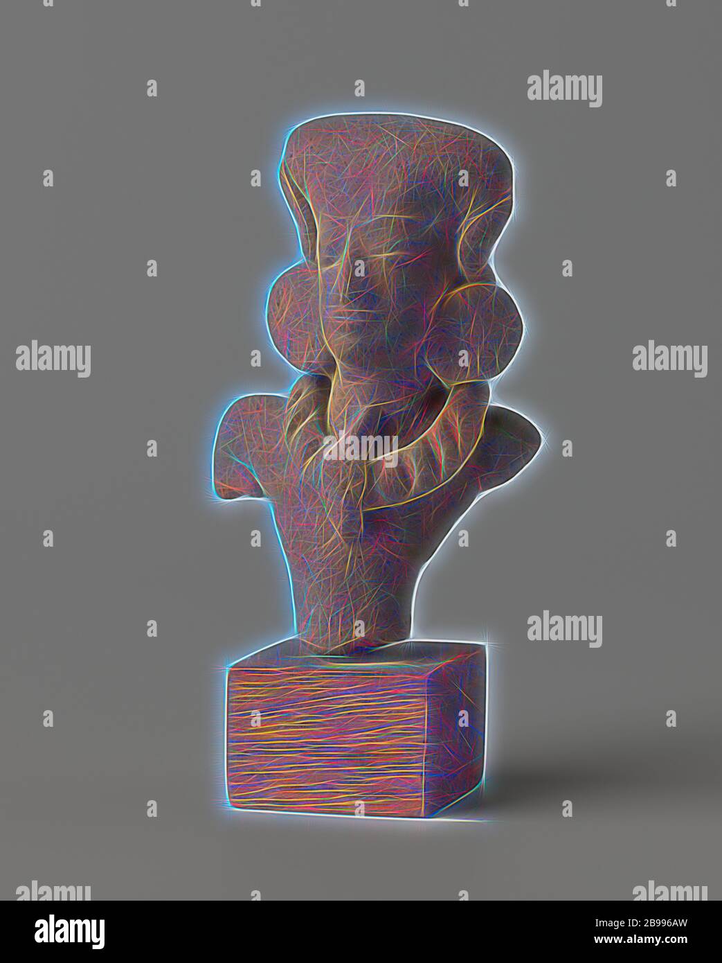 Fragment de sculpture, image avec tête, cassé à la tête, bras également cassé. Couronne de fleurs (?) Avec un nœud autour du cou. Plat pas trop haute coiffure, cheveux longs sur le dos (?). Sur la base., anonyme, Indonésie, 1300 - 1500, terre cuite (terre cuite), sokkel, h 7 cm × l 5 cm × d 2.5 cm × h 9.5 cm, repensé par Gibon, conception de lumière chaude et gaie rayonnant de la luminosité et de rayons de lumière radiance. L'art classique réinventé avec une touche moderne. Photographie inspirée par le futurisme, embrassant l'énergie dynamique de la technologie moderne, le mouvement, la vitesse et révolutionnez la culture. Banque D'Images