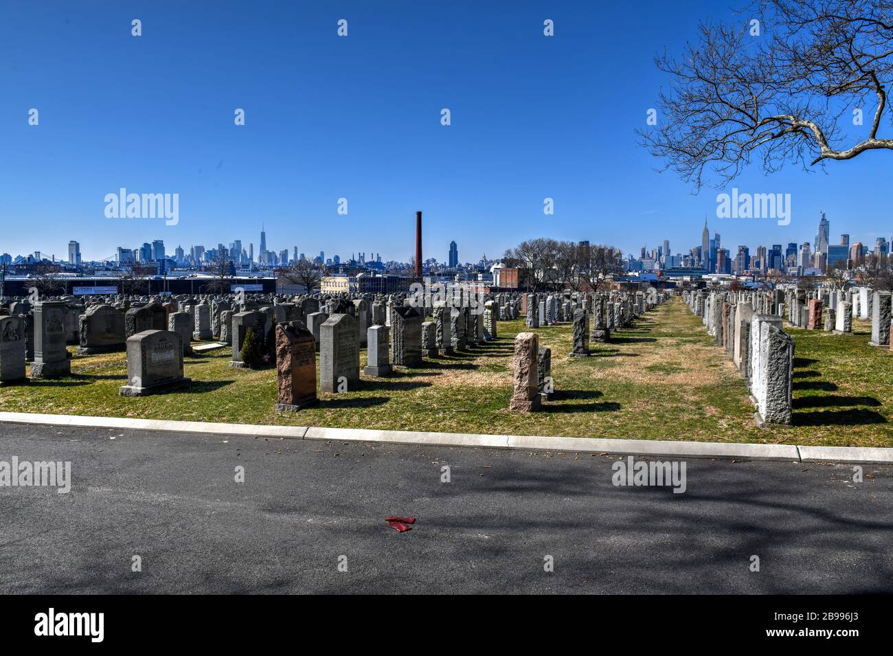 New York City - 23 février 2020 : cimetière Calvaire avec horizon de Manhattan à New York. Le cimetière de Calvary est un cimetière de Queens, qui contient plus de 3 M. Banque D'Images