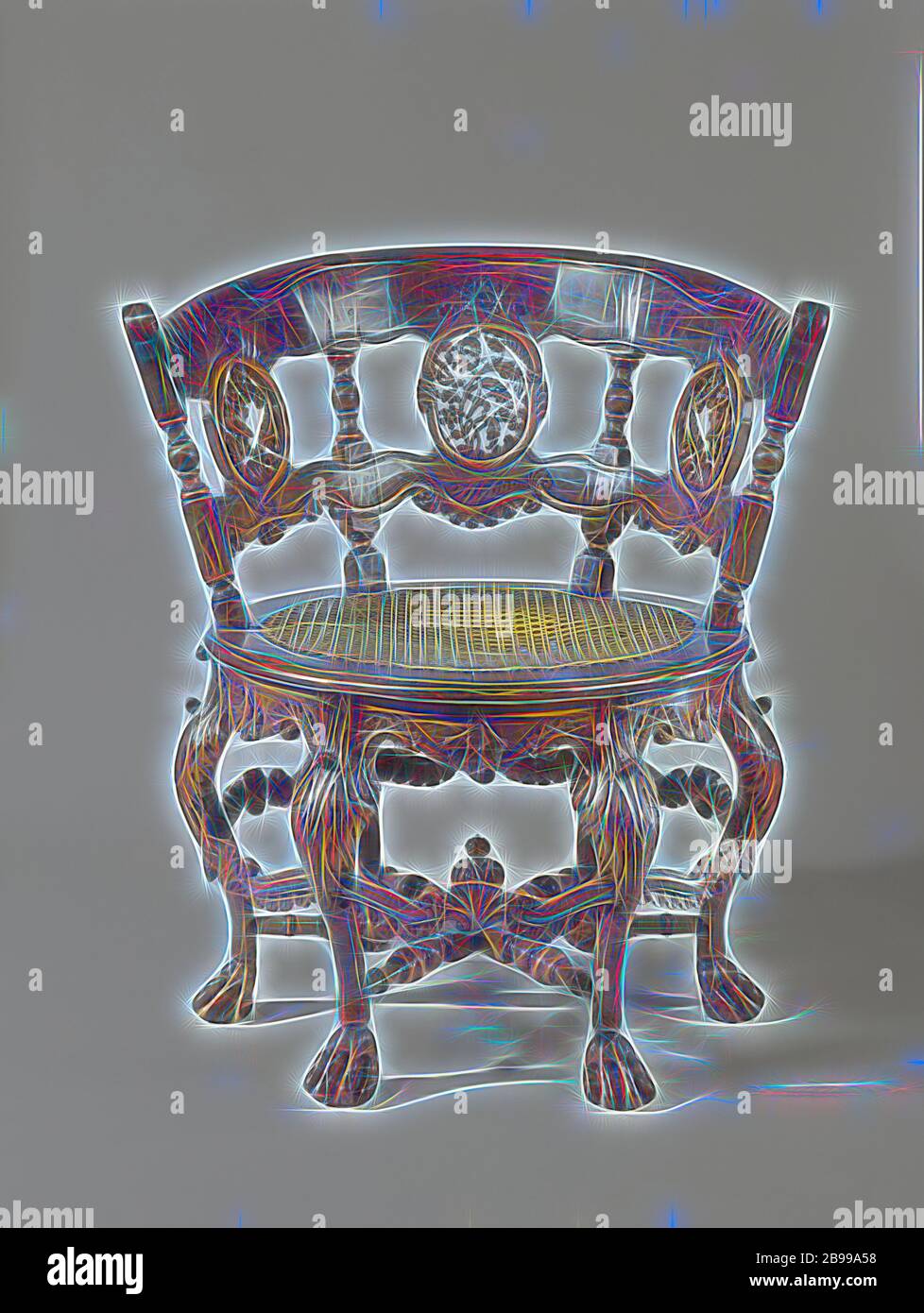 Chaise, chaise en teck (?), avec siège rond en osier tissé. Les six pieds  en forme de S se terminent en griffes et sont décorés de feuilles au-dessus  des andains. Ils sont
