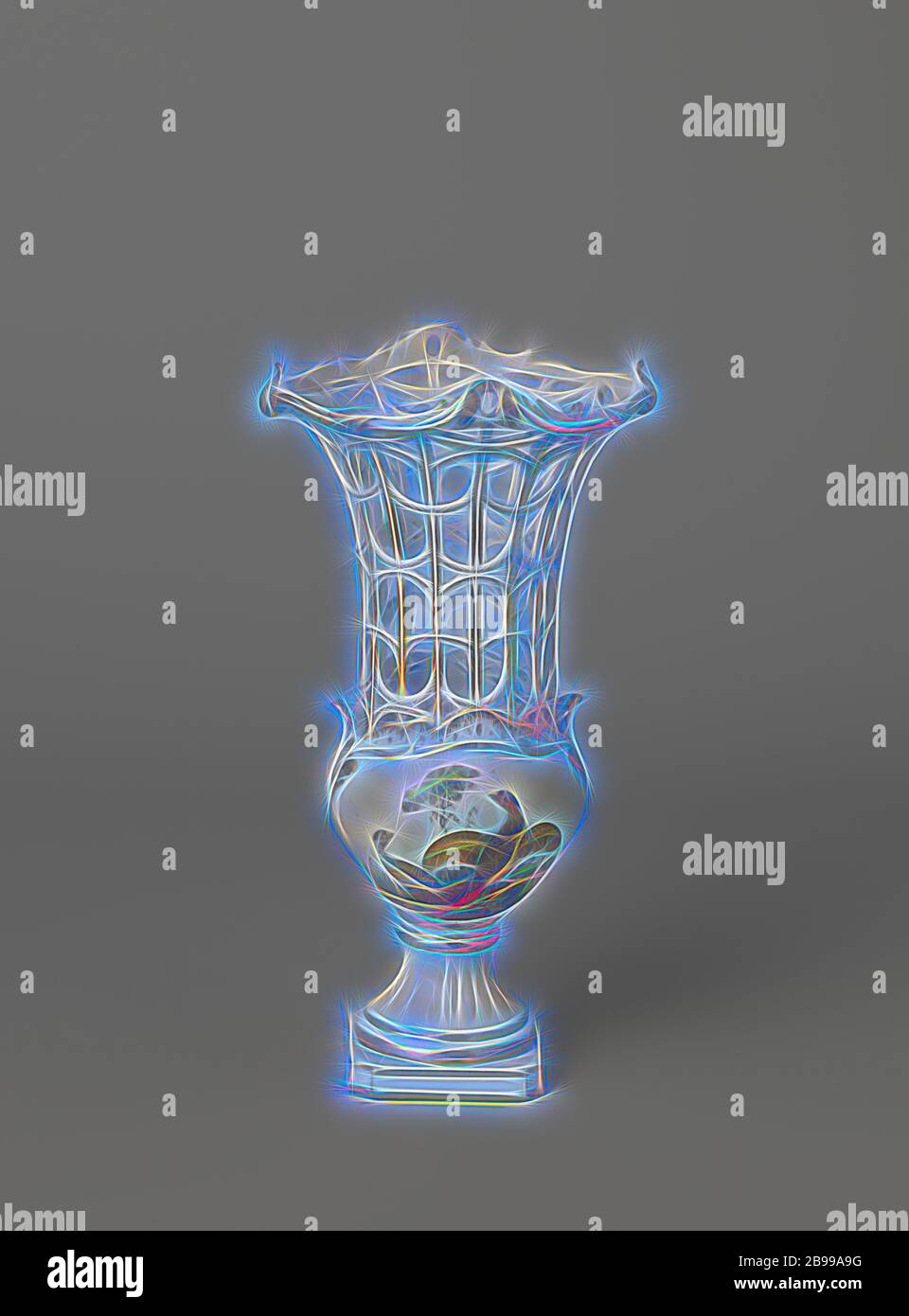 Vase, vase en porcelaine. La base haute et ronde qui porte le vase en forme de boule repose sur la base carrée. Ici, sur une partie supérieure en forme de cuvette qui est complètement coupée. Peint avec des faisans et des fleurs., Manueur Oud-Loosdrecht, Loosdrecht, 1774 - 1784, porcelaine (matériau), h 18.1 cm × l 9 cm × d 8.5 cm l 5 cm × d 5 cm, repensé par Gibon, conception de lumière chaude et brillante, rayonnante de la luminosité et de la radiance des rayons lumineux. L'art classique réinventé avec une touche moderne. Photographie inspirée par le futurisme, embrassant l'énergie dynamique de la technologie moderne, le mouvement, la vitesse et révolutionnez la culture. Banque D'Images