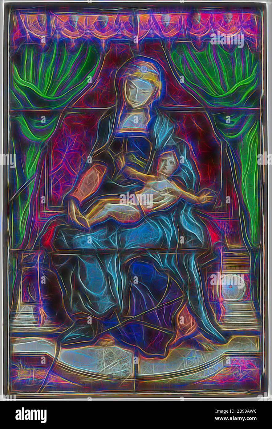 Vitre avec Vierge à l'enfant, un vitrail représentant une vierge assise sous un auvent avec l'enfant sur ses genoux. La robe de la Vierge est le violet, tandis que la robe a une couleur pourpre plus léger. La robe jaune bord supérieur de l'auvent est orné d'angelots, épargné en jaune, blanc rideaux verts suspendus de chaque côté, tandis que derrière le siège de la Vierge une robe jaune foncé avec décoration en noir est attaché. La fenêtre s'est fendue en plusieurs endroits., Pieter Coecke van Aelst (I) (cercle de), Pays-Bas du Sud, ch. 1525 - c. 1550, verre, tache argentée, H 65 cm × 43,5 cm × d w Banque D'Images Vitre avec Vierge à l'enfant, un vitrail représentant une vierge assise sous un auvent avec l'enfant sur ses genoux. La robe de la Vierge est le violet, tandis que la robe a une couleur pourpre plus léger. La robe jaune bord supérieur de l'auvent est orné d'angelots, épargné en jaune, blanc rideaux verts suspendus de chaque côté, tandis que derrière le siège de la Vierge une robe jaune foncé avec décoration en noir est attaché. La fenêtre s'est fendue en plusieurs endroits., Pieter Coecke van Aelst (I) (cercle de), Pays-Bas du Sud, ch. 1525 - c. 1550, verre, tache argentée, H 65 cm × 43,5 cm × d w Banque D'Images