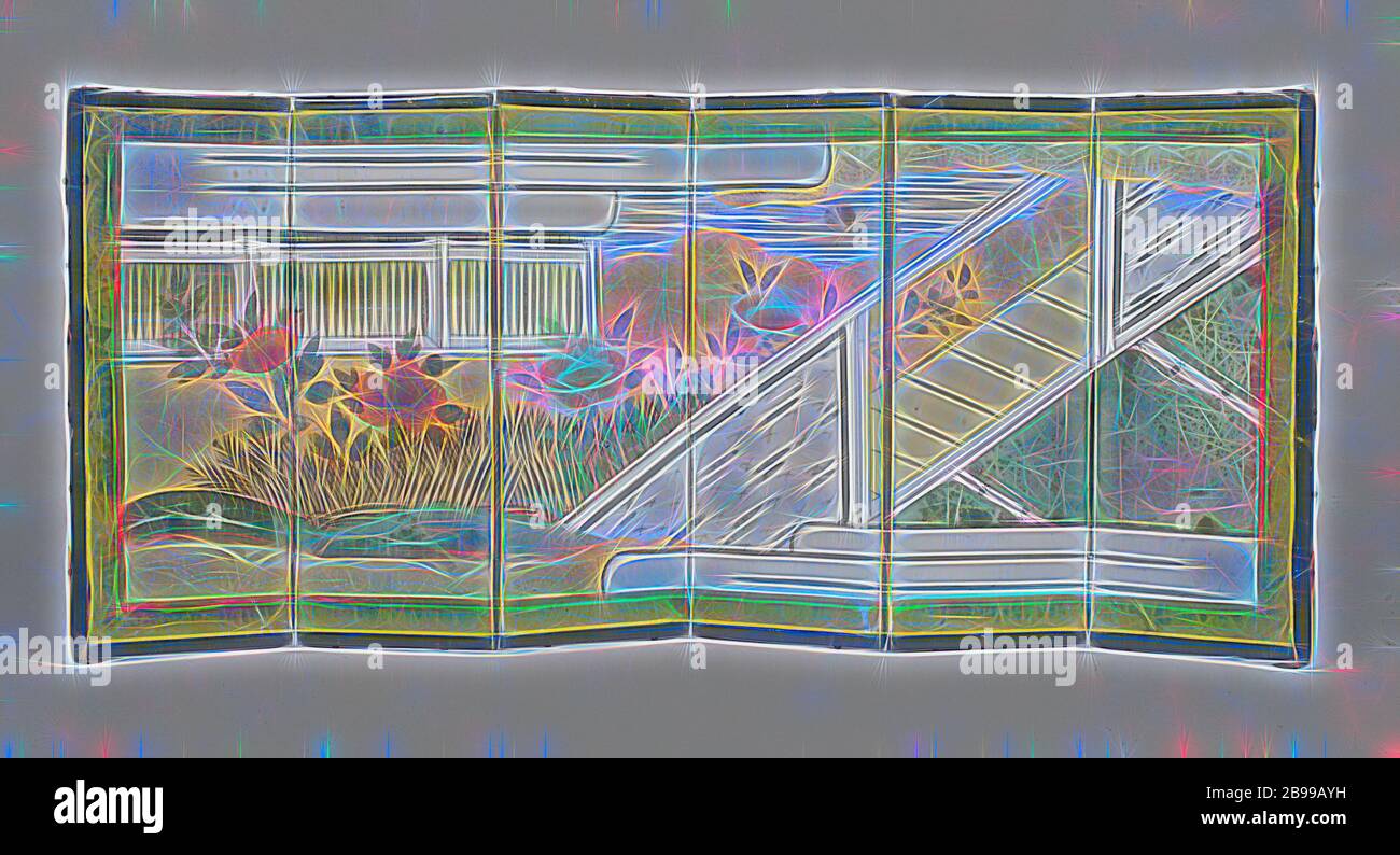 Paravent peint avec des scènes japonaises, paravent à six panneaux, fait de bois, recouverte sur les deux faces avec du papier, avec des charnières de papier (deux ensemble et deux demi). L'ensemble est bordé de lattes de bois laqué noir, renforcé avec raccords en cuivre doré. L'avant est peint à l'intérieur d'un cadre vert-jaune avec une représentation d'un intérieur japonais avec tatamis et un mur, un jardin avec une clôture, de pivoines et de l'herbe, des nuages et une lune, exécutée à la gouache et feuille d'or sur "gouttes" plus épaisse de peinture appliquée au pinceau. Le verso est recouvert de papier japonais gris, après Banque D'Images