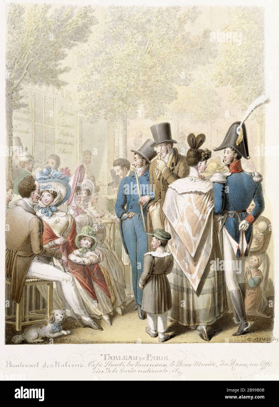 PARIS TABLE - BOULEVARD OF ITALIAN CAFE HARDI, JOURNAUX, LE BEAU MONDE Georg Emmanuel Opitz (ou Opiz) (1775-1841). 'Nappe de Paris - boulevard des Italiens, café Hardi, les journalistes, le beau monde'. Dessert. Paris, musée Carnavalet. Banque D'Images