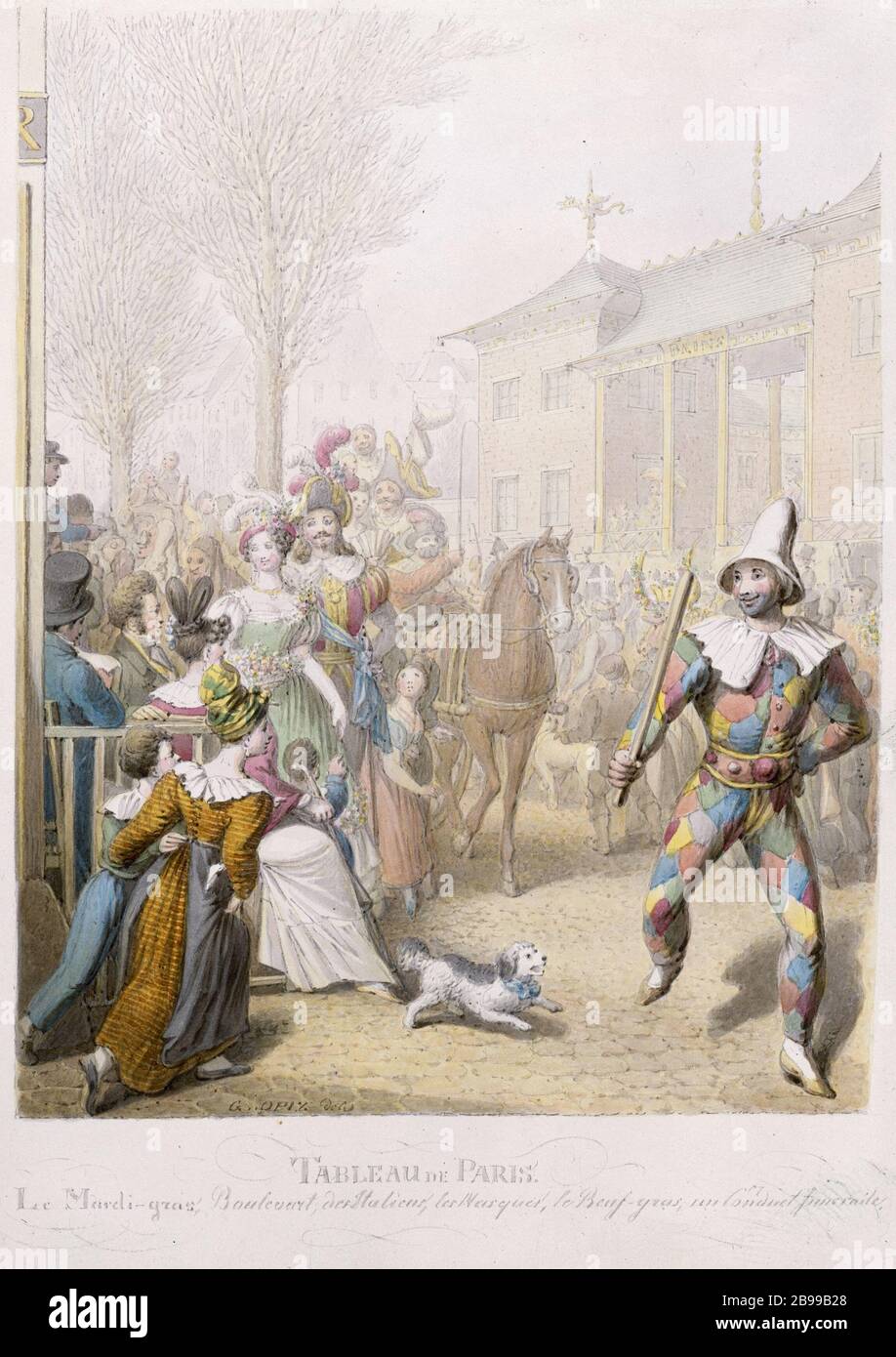 TABLE PARIS - LE BOULEVARD DU MARDI GRAS D'ITALIE, MASQUES, GRAISSE DE BOEUF Georg Emmanuel Opitz (ou Opiz) (1775-1841). 'Nappe de Paris - le Mardi-gras, Boulevard des Italiens, les maques, le boeuf gras...'. Dessert. Paris, musée Carnavalet. Banque D'Images