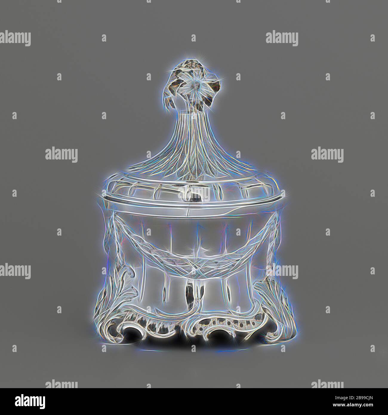 Boîte de tabac Tobacco jar, le pot rond, légèrement étranglées a un couvercle séparé. Le long du bord inférieur du pot court un cast, ajouré, contour ondulé avec C et S, les rocailles de volutes et qui est interrompu par les trois pieds en forme de feuille en fonte de la vigne. Le mur est cannelures et décorée d'un ruban, de guirlande de feuilles de laurier et de baies. Au-dessus de chaque bras apparemment, c'est attaché avec un clou, sur laquelle une ligne droite garland dépend. Un large bord droit, tourne autour de la partie supérieure. Le couvercle est constitué d'un bas, convexe, concave et une section à cannelures, une tour avec une pièce centrale de la décoration Banque D'Images