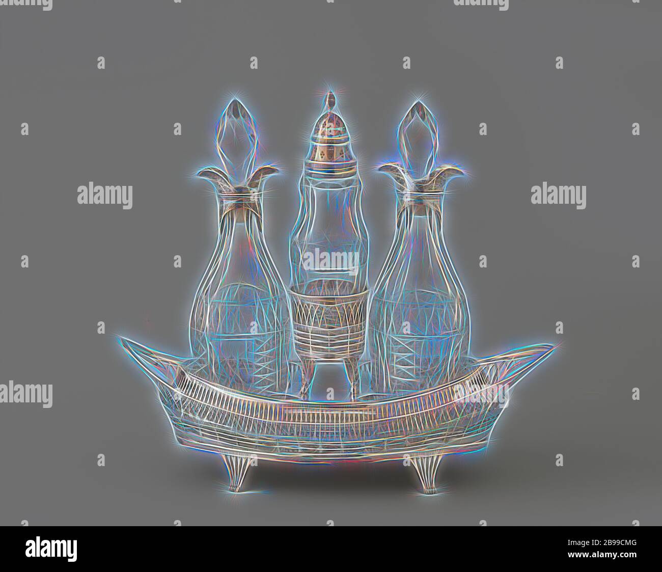 Support de l'ensemble huile et vinaigre avec deux bouteilles et un réservoir. Le support ovale pointu de l'ensemble huile et vinaigre est doté d'un mur incurvé légèrement relevé sur les côtés. Il repose sur quatre pattes courbées, courbées et striées. Les arêtes de congé s'exécutent au-dessus de ces pattes et le long du haut du support. Le mur est découpé avec un modèle de barres horizontales (partiellement endommagées) entre deux bandes lisses, au-dessus desquelles un modèle d'arches pointues. Les oreilles triangulaires arrondies sont encastrées dans les côtés courts., Fa. Diemont, Amsterdam, 1803, argent (métal), h 8.8 cm × l 27.6 cm × d 14.2 cm, repensé par Gibon, conception de c Banque D'Images