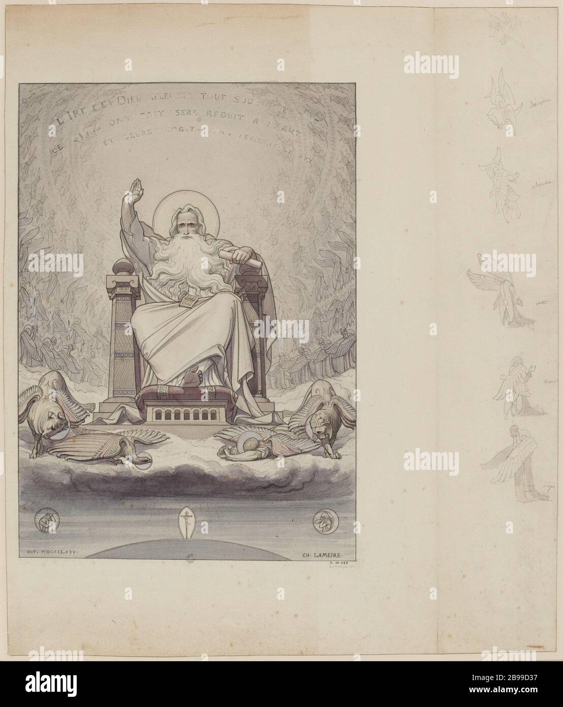 Figure pour l’Église orthodoxe grecque, rue Georges Bizet, 1875. Sur le côté droit : quelques croquis des anges, au crayon et au lavis aquarelle. Banque D'Images