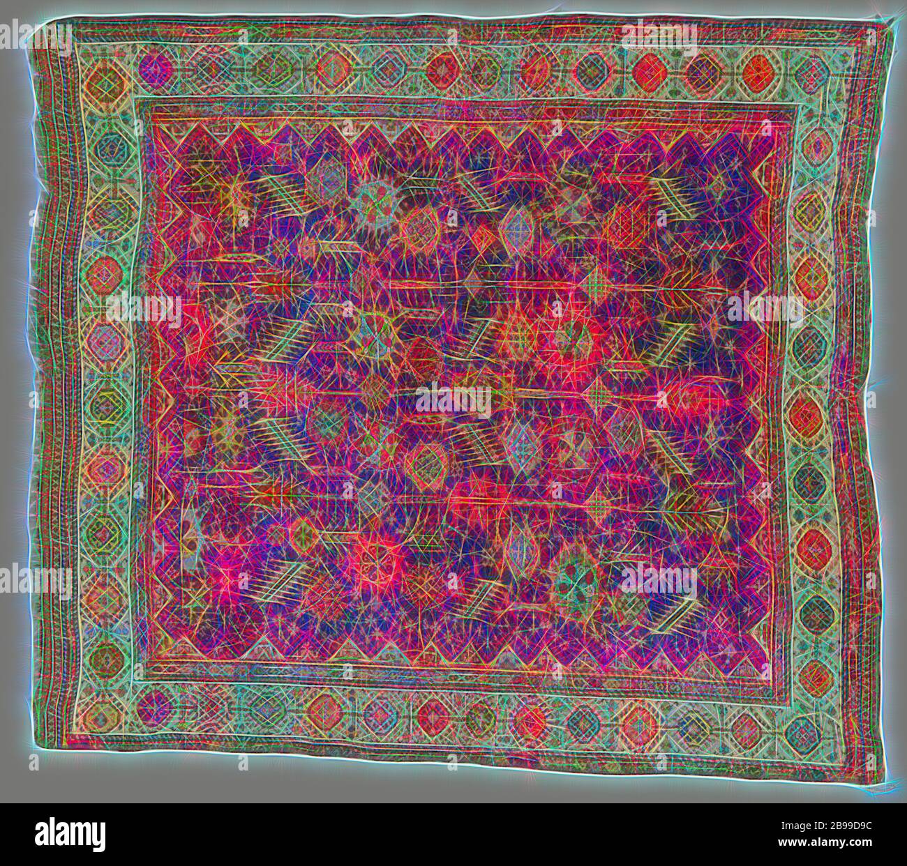 Tapis oriental, tapis floral oriental en laine nouée avec palmettes, rosettes, diamants avec crochets sur fond bleu foncé. Bordure décorée d'octogons., Shiraz, 1800 - 1949, laine, h 201 cm × l 180 cm, revisitée par Gibon, design chaleureux et gai lumineux de la luminosité et des rayons lumineux. L'art classique réinventé avec une touche moderne. Photographie inspirée par le futurisme, embrassant l'énergie dynamique de la technologie moderne, le mouvement, la vitesse et révolutionnez la culture. Banque D'Images