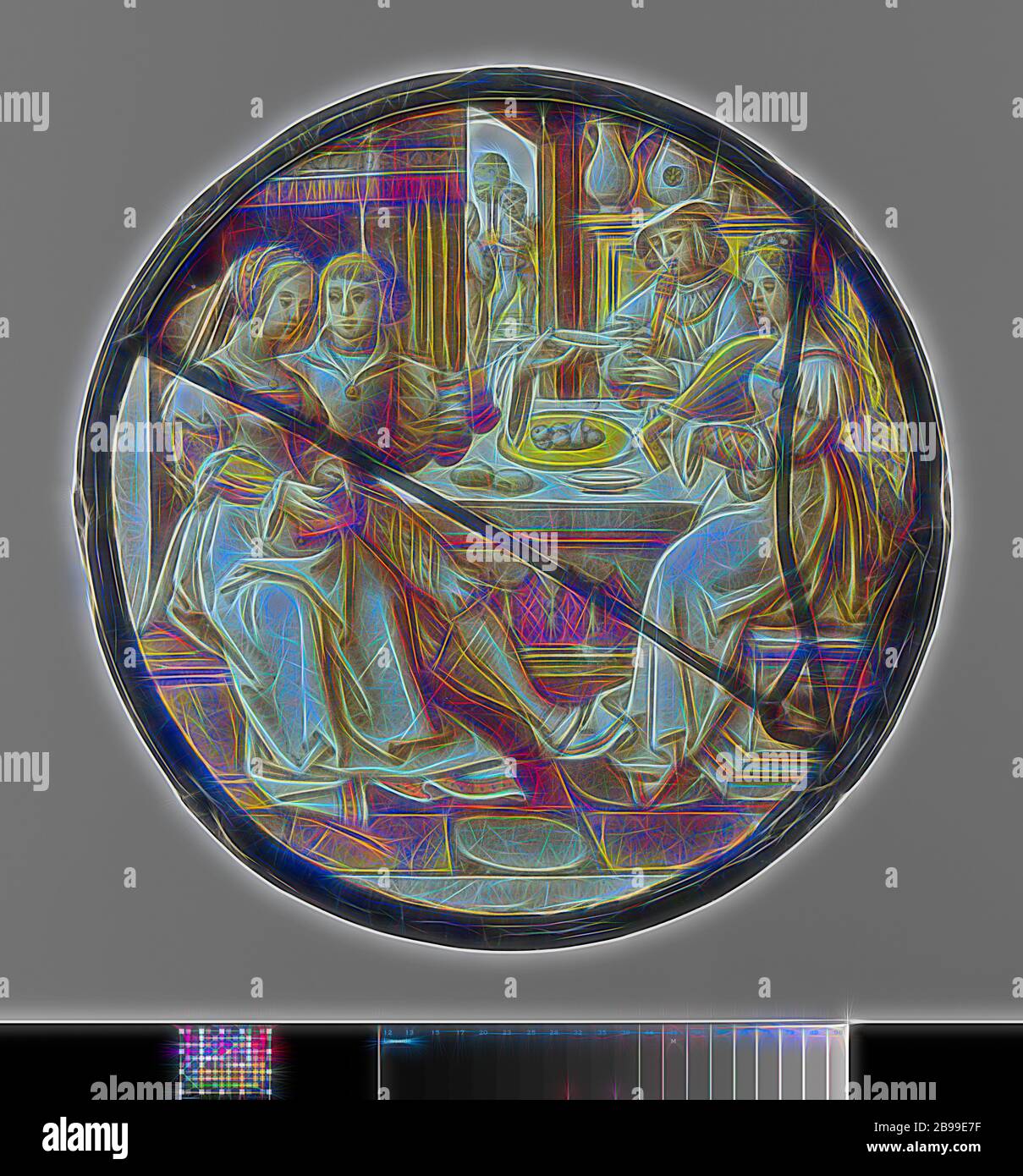 Fenêtre avec l'enfant prodigue, du pignon du vitrail avec l'inscription de la vie de l'enfant prodigue. (Nouveau Testament, Luc, chapitre XV). Dans un intérieur en vue d'un paysage, il y a un jeune couple sur la gauche d'une table sur laquelle, entre autres choses, se trouve un bol de fruits. La femme ouvre un sac d'argent tandis que l'homme embrasse son avec son bras droit et nous tend un bol avec sa main gauche. À droite est une femme jouant d'un luth et un homme avec un sifflet sur ses lèvres. Derrière lui une armoire avec bols et tasses. Sur la gauche de la chute d'un lit l'inscription : ALPSIOGT. Le spectacle est exécuté en y Banque D'Images