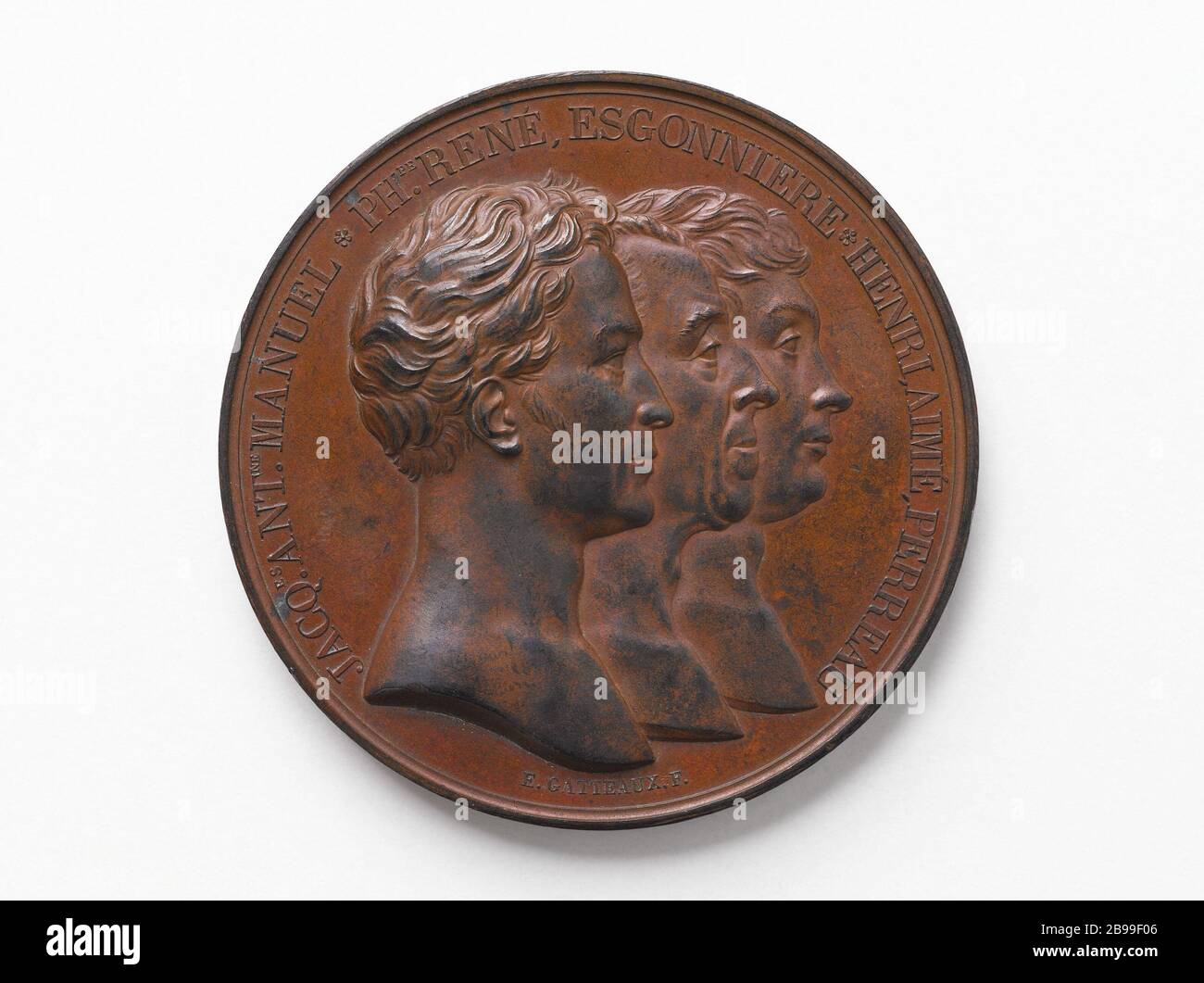 Jacques-Antoine Manuel (1775-1827), Philippe-René Esgonière de Thibeuf (1755-1838), Henri-aimé Perreau de Magne (1775-1838), membres de la Vendée, 1820 Jacques-Edouard Gatteaux (1788-1881). Jacques-Antoine Manuel (1775-1827), Philippe-René Esgonière de Thibeuf (1755-1838), Henri-aimé Perreau du Magné (1775-1838), amputés de Vendée, 1820. Bronze. Paris, musée Carnavalet. Banque D'Images