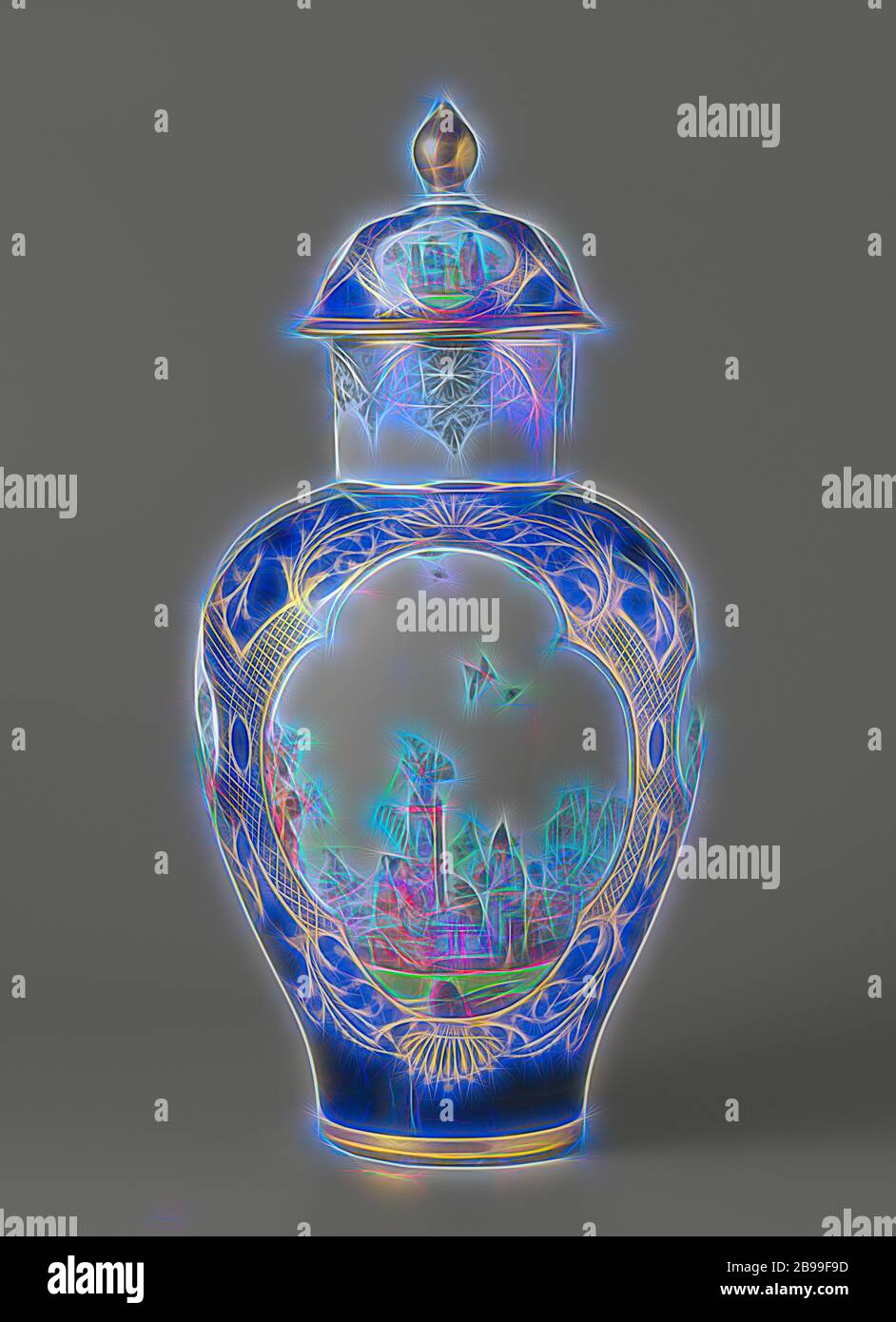 Vase à couvercle Vase avec couvercle Vase avec couvercle, multi-couleur peint avec des chinoiseries en quatre étapes de l'encastré un fond bleu, Vase avec couvercle, faites de porcelaine peintes multicolores. Vase et le couvercle sont presque entièrement recouverte d'un fond bleu, dans lequel deux grands et deux petits et quatre étapes quatre étapes sont enregistrés sur le vase. Un ornement symétrique est peint en or entre les quatre passages. Höroldt chinoiseries sont peints dans un jardin dans les quatre passes. Le bouton de porte en forme de poire est plaqué or. Le vase est marquée., Meissener Porzellan Manufaktur, Meissen, ch. 1735 - c. 1740, porcelaine (materia Banque D'Images