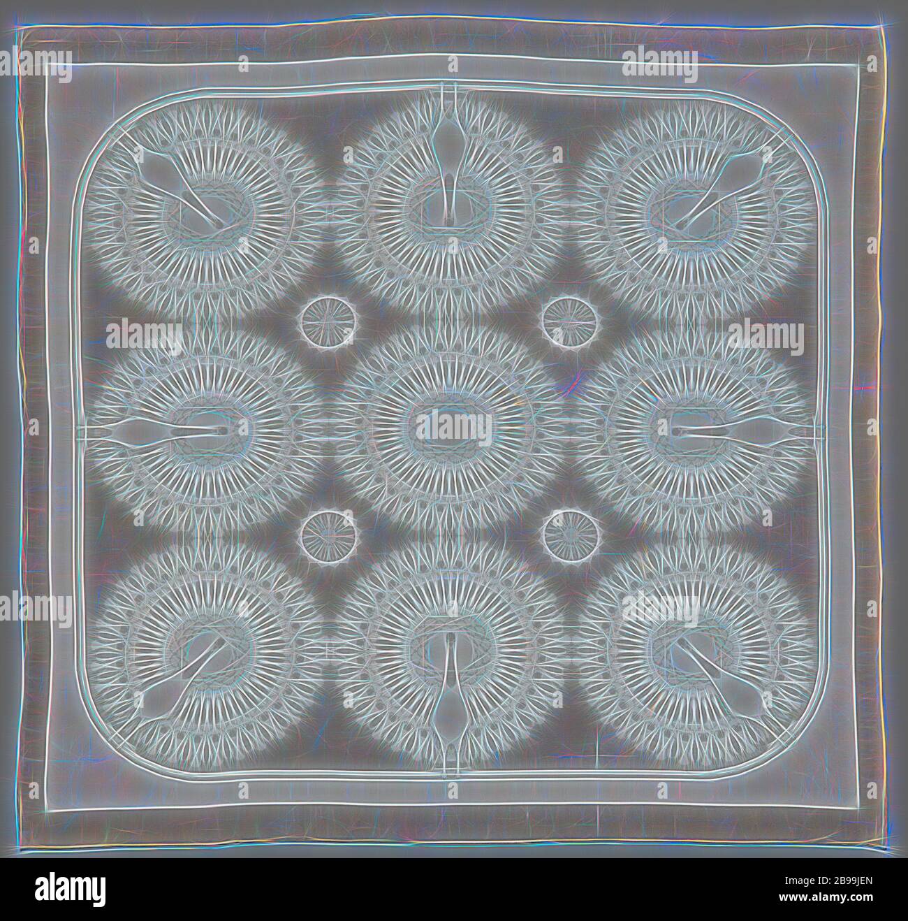Serviette de table à motif « Pauw », serviette de table en lin damassée à motif « Pauw » (conception 526). Un cadre lisse comporte neuf cercles avec des coins arrondis. Les autres montrent un paon intérieur. Le paon est vu frontalement et en position d'exposition. Le cercle central n'a que la queue de paon stylisée. Quatre petites rosettes comme remplissage intermédiaire. Non zoomé., E.J.F. van Dissel & Zonen, Eindhoven, c. 1918, lin (matériau), damassé, h 69 cm × l 71 cm, repensé par Gibon, conception de chaleureux gai lumineux et lumineux rayonnant. L'art classique réinventé avec une touche moderne. Tél Banque D'Images