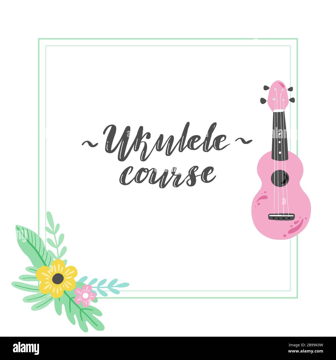 Joli ukulele de dessin animé pour affiche d'été, motif carte avec texte lettrage cours Ukulele. Petite guitare, instrument de musique à cordes de style hawaï. Illuataration vectorielle de style simple dessiné à la main. Illustration de Vecteur