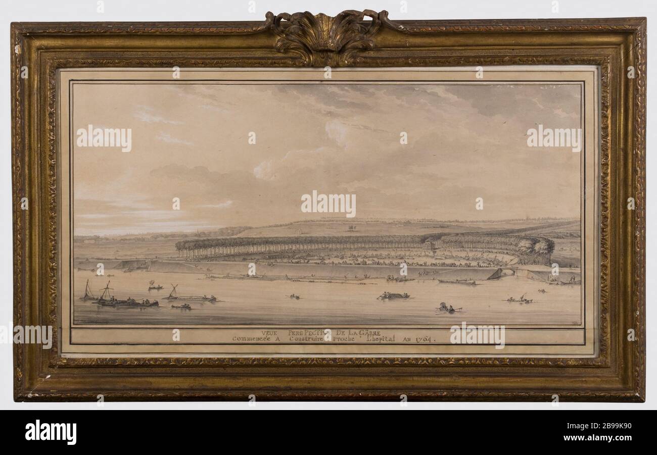 PERSPECTIVE DES NAVIRES DE LA STATION PRÈS DE L'HÔPITAL Moreau le Jeune (1741-1814). 'Vue perspective de la gare aux bateaux proche de l'hôpital'. Crayon. Paris, musée Carnavalet. Banque D'Images