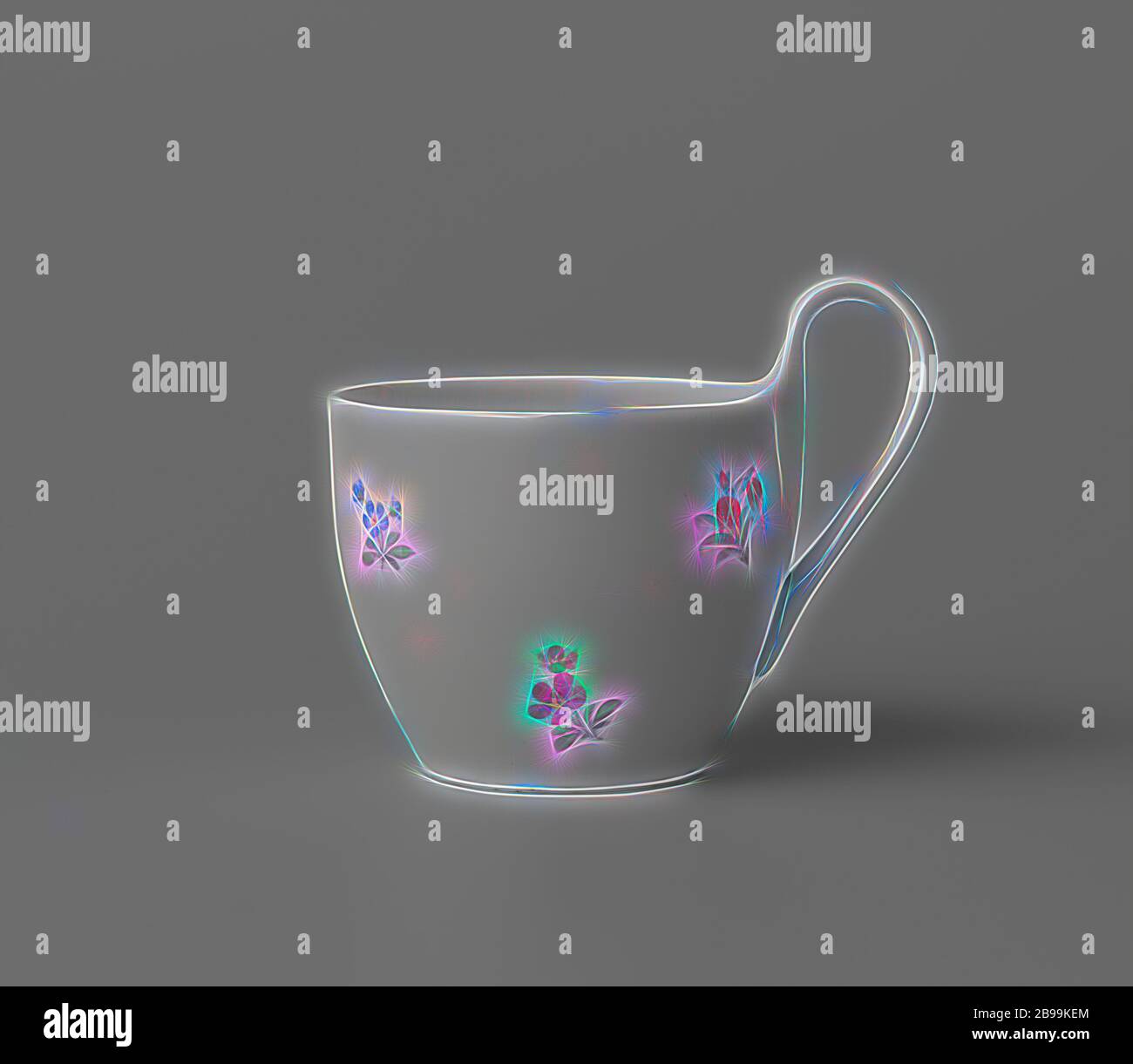 Tasse à fleurs, gobelet en porcelaine, peint sur le glaçage en bleu, rouge, rose, vert, jaune, violet et noir. Paroi légèrement ronde et oreille haute et inégale en forme de C. Le mur extérieur est recouvert de petites fleurs dispersées. L'intérieur est décoré. Marqué au fond avec le sceptre, dont un médaillon avec l'aigle, un sceptre et un globe dans ses griffes. La marge lit KOENIGL. PORZELLAN MANUFAKTUR '. Par la présente, la pomme rouge avec K.P.M, le numéro 14 et I., Königliche Porzellan Manufaktur, Berlin, c. 1849 - c. 1870, porcelaine (matériau), glaçure, vitrification, h 7.6 cm d 7.2 cm d 4.5 cm l 9.4 cm, Re Banque D'Images