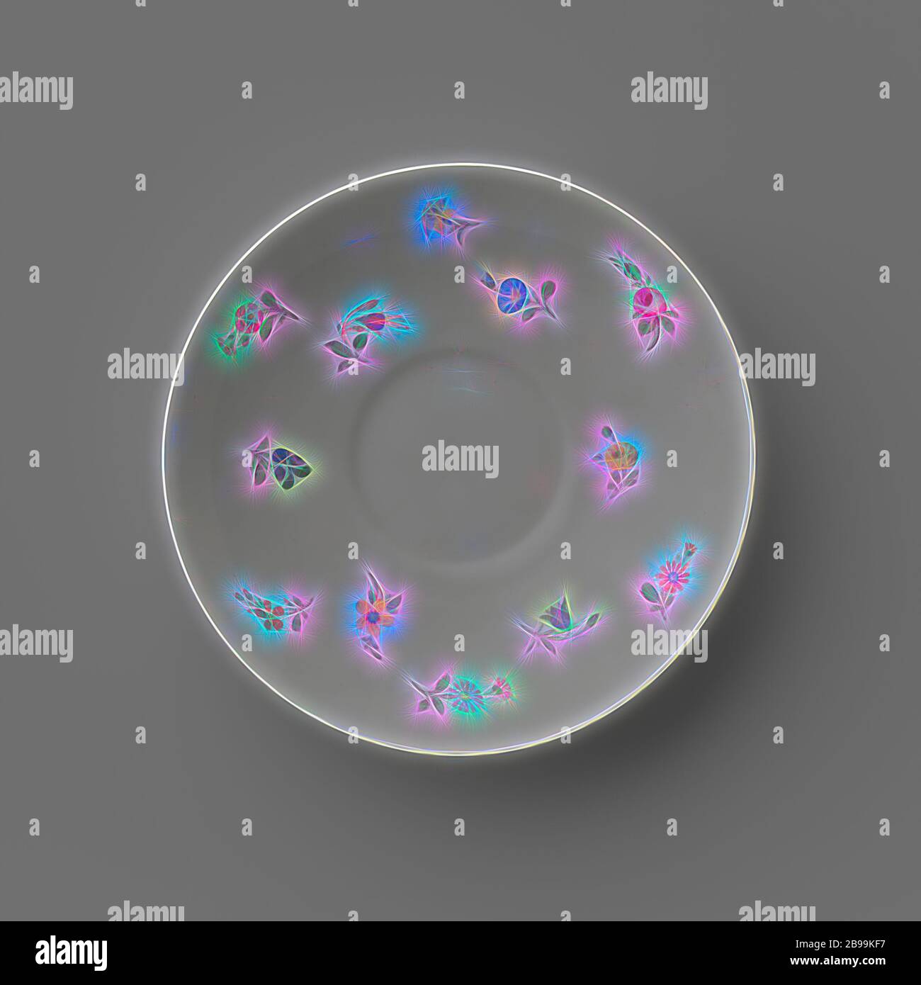 Soucoupe à fleurs, plat en porcelaine, peint sur le glaçage en bleu, rouge, rose, vert, jaune, violet et noir. La paroi intérieure est recouverte de petites fleurs dispersées. Le côté opposé est décoré. Marqué au fond avec le sceptre, la pomme rouge avec K.P.M et la lettre de l'année N (1913) et I., Königliche Porzellan Manufaktur, Berlin, c. 1913, porcelaine (matériau), glaçure, vitrification, h 3.2 cm d 14.6 cm d 6.8 cm, repensé par Gibon, conception de lumière chaude et gaie rayonnant de lumière et de radiance. L'art classique réinventé avec une touche moderne. Photographie inspirée par le futurisme, enveloppant Banque D'Images