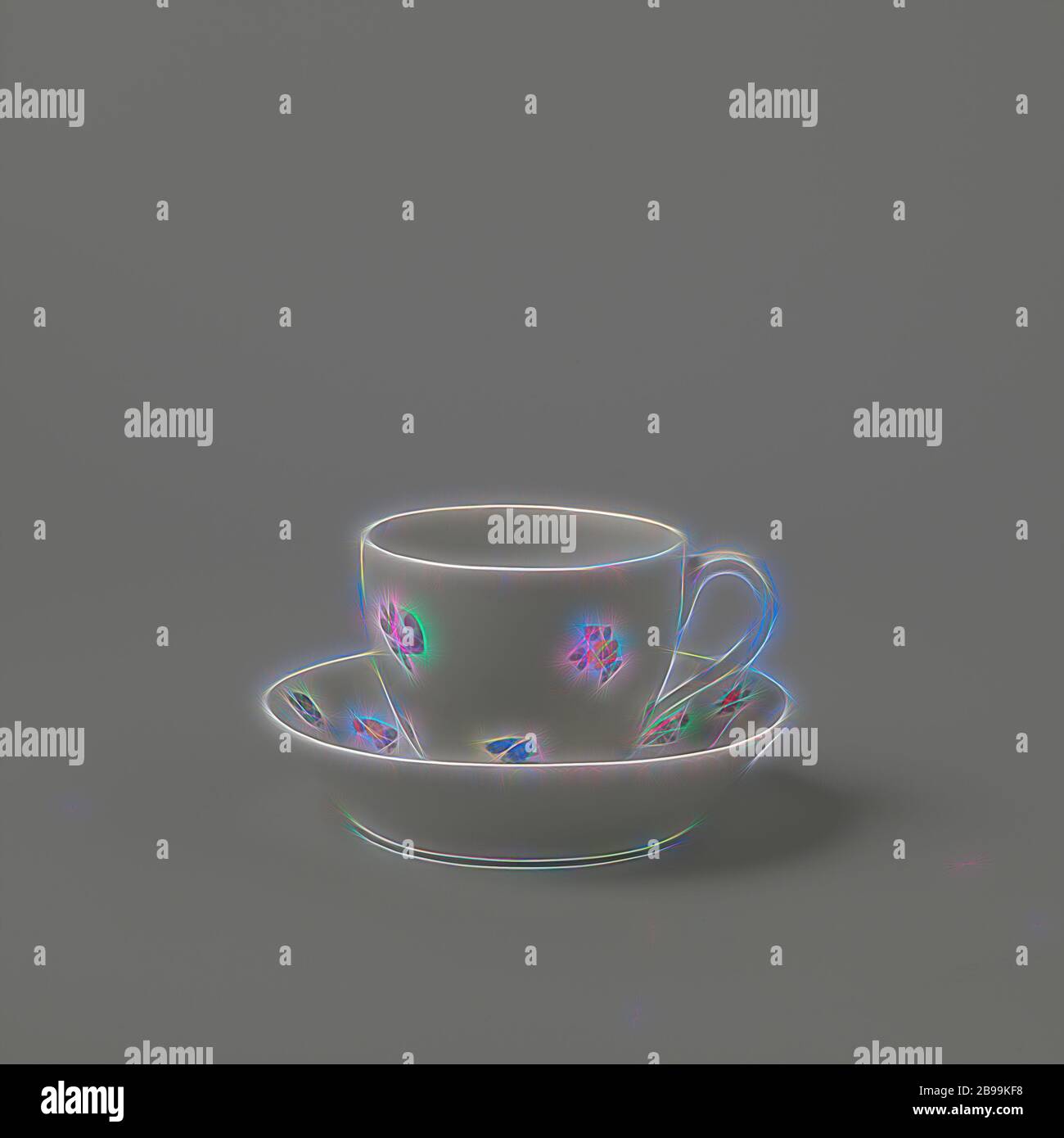 Sauces aux fleurs, gobelet en porcelaine, peint sur le glaçage en bleu, rouge, rose, vert, jaune, violet et noir. Paroi légèrement ronde et oreille en forme de C. Le mur extérieur est recouvert de petites fleurs dispersées et de la lettre 'A'. L'intérieur est décoré. Marqué au fond avec le sceptre, la pomme rouge avec K.P.M. et le nombre 10 (ou les lettres I.O?]., Königliche Porzellan Manufaktur, Berlin, c. 1820 - c. 1837, porcelaine (matériau), glaçure, vitrification, h 6.3 cm d 8.1 cm d 10.2 cm l 4.1 cm, revisitée par Gibon, design chaleureux et joyeux, brillant de la luminosité et de rayons de lumière radiance. Art classique r Banque D'Images