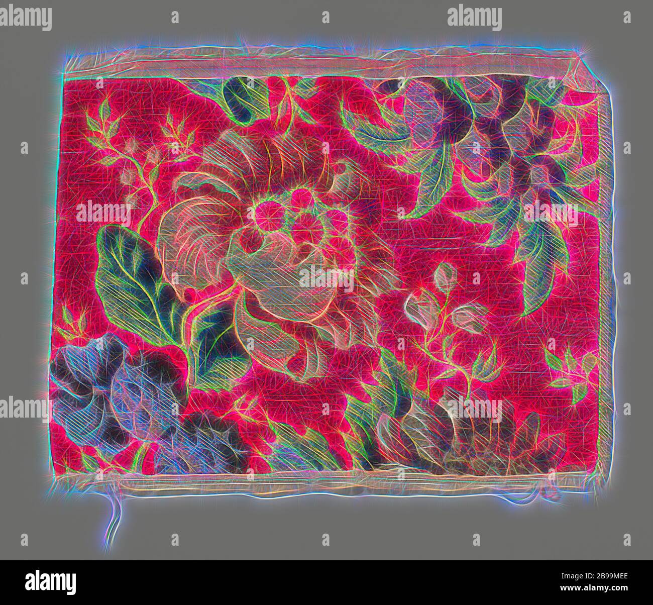 Tissu de soie Fragment avec cérise friands de chenille, sur lequel un coquelicot en fil de métal, tissu de soie avec un fragment incomplet, modèle asymétrique : un vert lumineux feuillages oscillante, légèrement obliques vers la droite, porte un grand coquelicot en fil d'or et de rose clair, ourlé de rose saumon, rouge foncé avec un coeur d'ombre et de chenille de cérise cinq fleurs en chenille avec bords verts. En bas à gauche, la moitié de la coupe, une fleur pourpre de fil d'Or et pourpre foncé ombres chenille. Haut à droite une tenture leaf branch avec une bande de fruits en fil d'or, de soie orange et brun foncé. chenille, France (peut-être), Banque D'Images