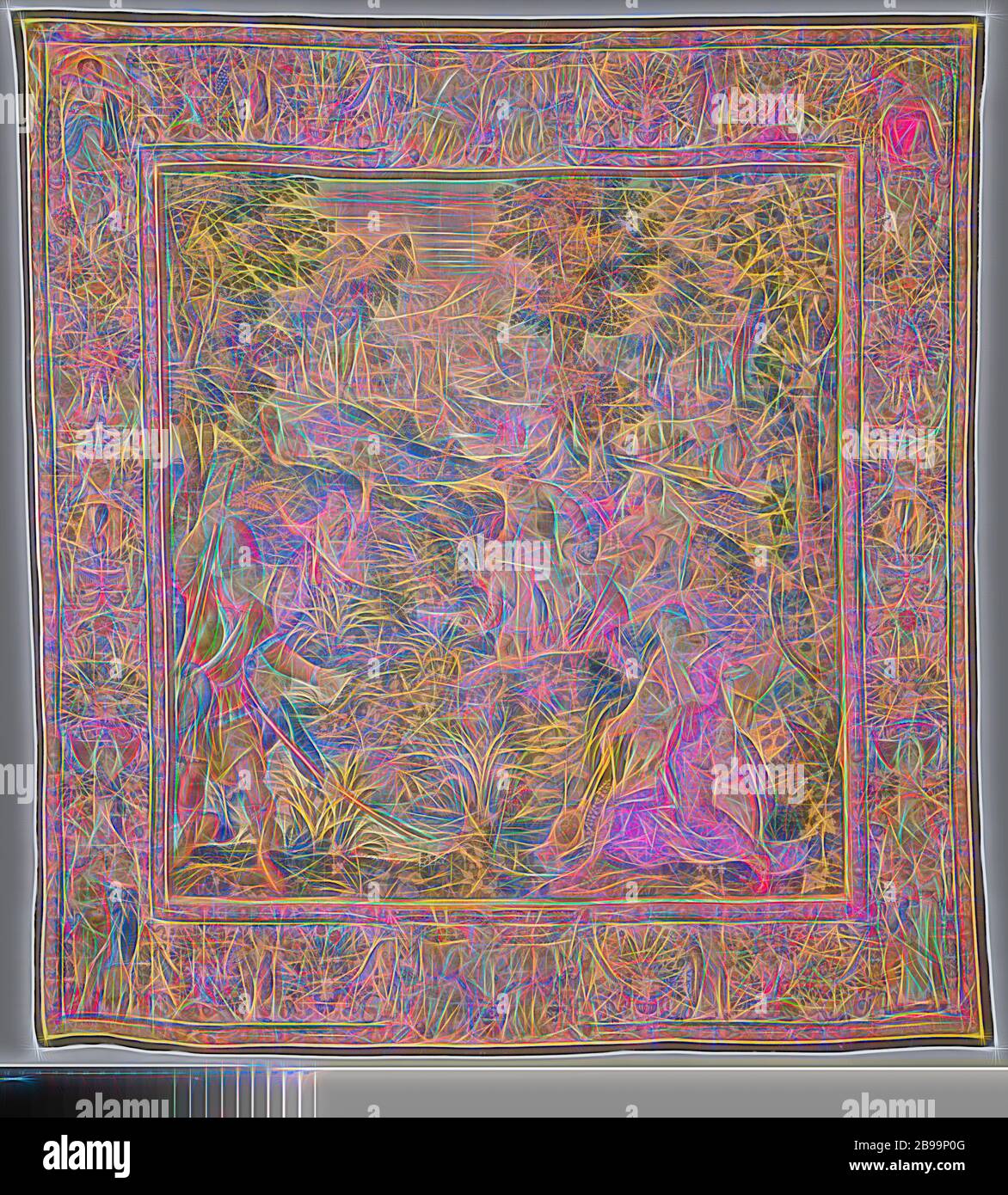 Les paysans Lyciens Latona et tapisserie à l'histoire de Latona et les paysans Lyciens, de la série l'histoire de Diana Diana (titre de la série), la tapisserie avec les paysans Lyciens qui refusent l'eau Latona, signé FRANCISCVS SPIRINGIVS Poeteriesen, de la série van Diana, par Frans Spierings, changé les agriculteurs de Lycie en grenouilles : changements Latona agriculteurs lycienne en grenouilles, parce que pendant qu'ils étaient un désherbage marsh, ils empêchent leurs enfants d'étancher leur soif (Ovide, Métamorphoses VI 369), François Spiering (atelier de), Delft, ch. 1593 - c. 1610, ketting, inslag, tapisserie, h 355 cm Banque D'Images