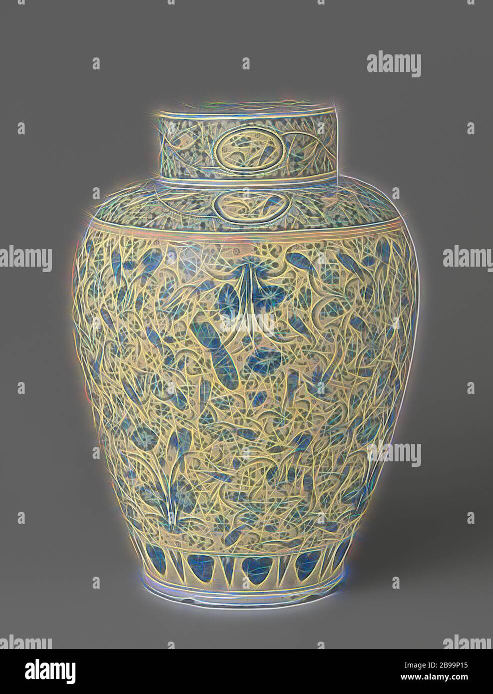 Vase avec couvercle, grand pot avec couvercle en faïence, sphérique, rajeunissant vers le bas. Le couvercle est doté d'un mur droit et est plat en haut. Peint en bleu sur le vernis blanc d'étain avec un motif de fleurs pulvérisations et d'oiseaux. Au-dessus de la base, une frise de motifs feuilles suspendus. Vignes feuilles avec des oiseaux balançant sur l'épaule et sur le mur de couvercle, interrompues par des champs ovales avec une branche de fleur sur laquelle repose un oiseau, entrelacé floral, ornement, de Drie Posteleyne Aston, Delft, c. 1695 - c. 1700, h 49 cm × d 35.8 cm, repensé par Gibon, design chaleureux et gai lumineux de la luminosité et des rayons lumineux Banque D'Images