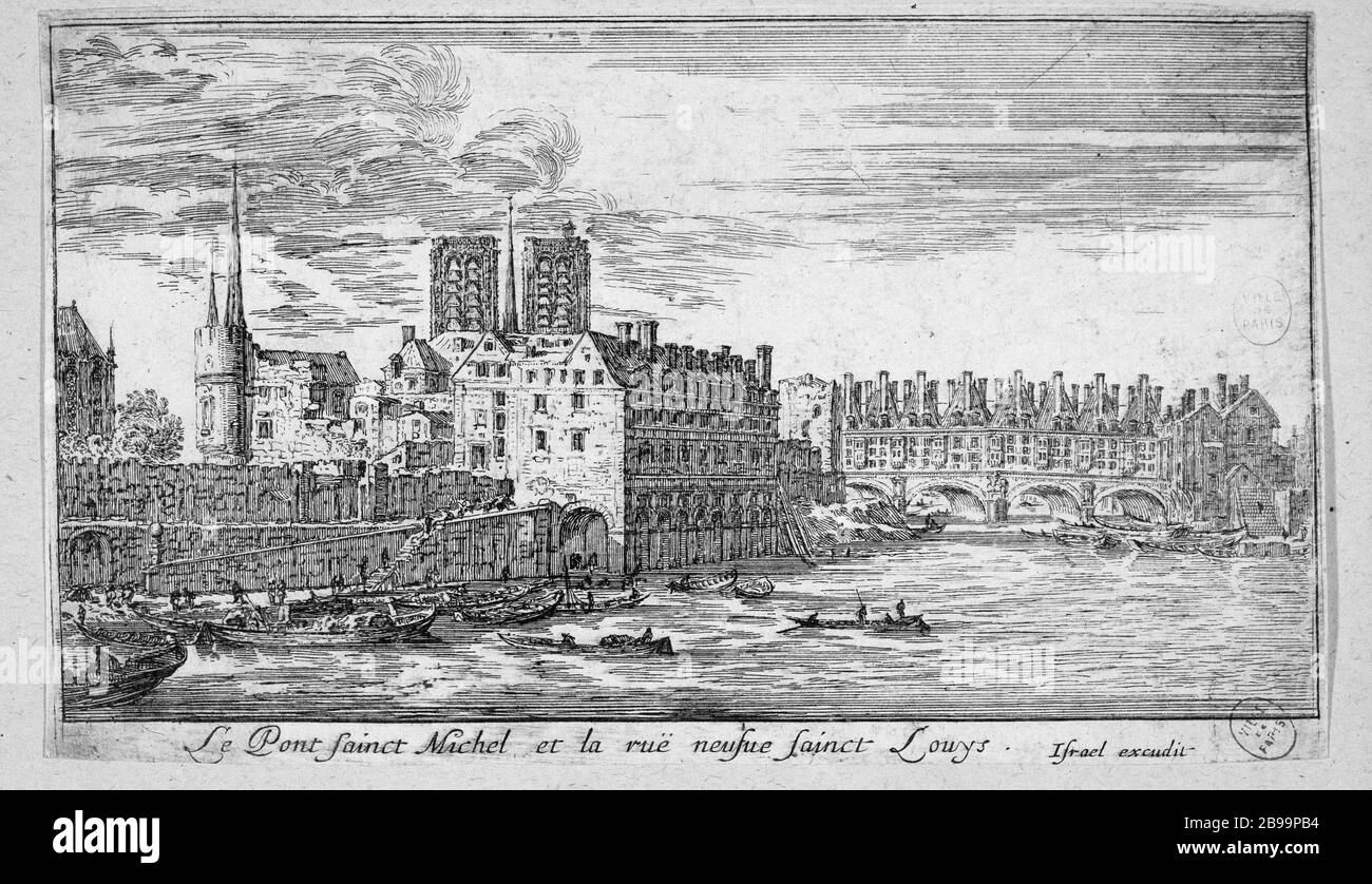 LE PONT SAINT-MICHEL ET LA RUE NEUVE SAINT LOUIS Israël Silvestre (1621-1691) et Israël Henriet (1590-1661). 'Le pont Saint-Michel et la rue Neuve Saint-Louis'. Eau-forte, 1650-1660. Paris, musée Carnavalet. Banque D'Images