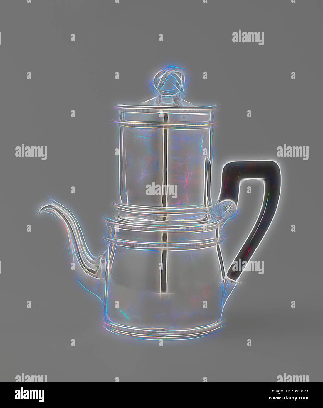 Filtre à café verseuse, rond, avec des bords côtes verticalement, le pot a un corps légèrement convexe au-dessus de laquelle est une petite rue. Juste au-dessus du fond du pot et le long du bas et haut de la section droite sont verticalement les bords à côtes, flanquée par d'étroites adulte. Le pot a une courbe en forme de S et de la tuyère d'une oreille ébène avec supports d'argent, l'une sur le dessus est ronde et des deux côtés décorée d'une rosette. Le cou du pot rajeunit vers une grande ouverture dans laquelle s'inscrit l'élargissement légèrement la partie inférieure de l'attachement cylindrique. La pièce jointe a un fond avec une lar Banque D'Images