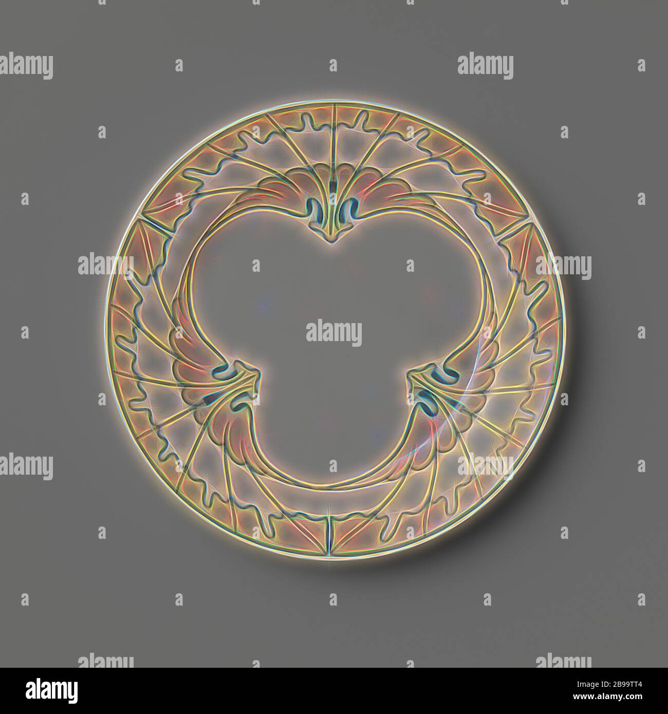 Plaque peinte avec le décor Flugelmuster, plaque en porcelaine peinte. La plaque est peinte en vert et bleu avec le Flugelmuster., Meissener Porzellan Manufaktur, Meissen, 1901, porcelaine (matériau), h 1.6 cm × d 15.5 cm, réimaginé par Gibon, conception de lumière chaude et gaie radiance de rayons de lumière. L'art classique réinventé avec une touche moderne. Photographie inspirée par le futurisme, embrassant l'énergie dynamique de la technologie moderne, le mouvement, la vitesse et révolutionnez la culture. Banque D'Images