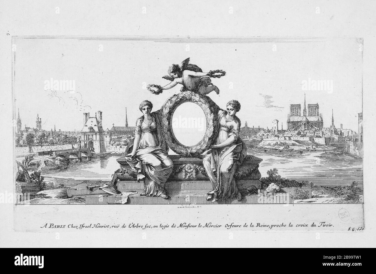 VUE SUR LA VILLE DE PARIS EN DESCENDANT LA POINTE DE LA SEINE DE L'ÎLE SAINT LOUIS Israël Silvestre (1621-1691) et Jean le Pautre. 'Vue de la ville de Paris en descendant la Seine pry de la pointe de l'île Saint-Louis.' Eau-forte, 1650-1660. Paris, musée Carnavalet. Banque D'Images
