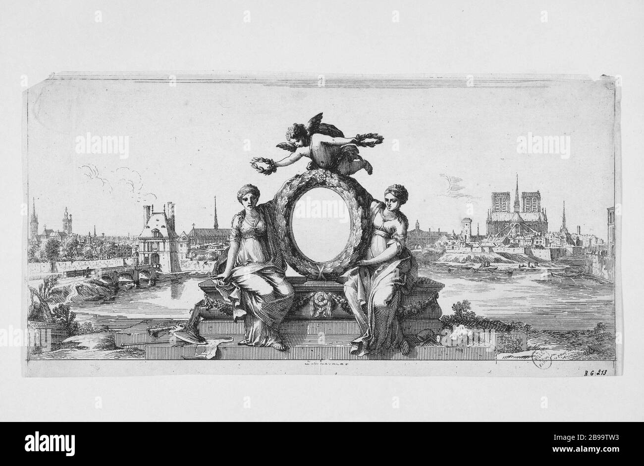 VUE SUR LA VILLE DE PARIS EN DESCENDANT LA POINTE DE LA SEINE DE L'ÎLE SAINT LOUIS ISRAËL SILVESTRE (1621-1691) ET JEAN LEPAUTRE (1618-1682). 'Vue de la ville de Paris en descendant la Seine pry de la pointe de l'île Saint-Louis.' Eau-forte, 1650-1660. Paris, musée Carnavalet. Banque D'Images