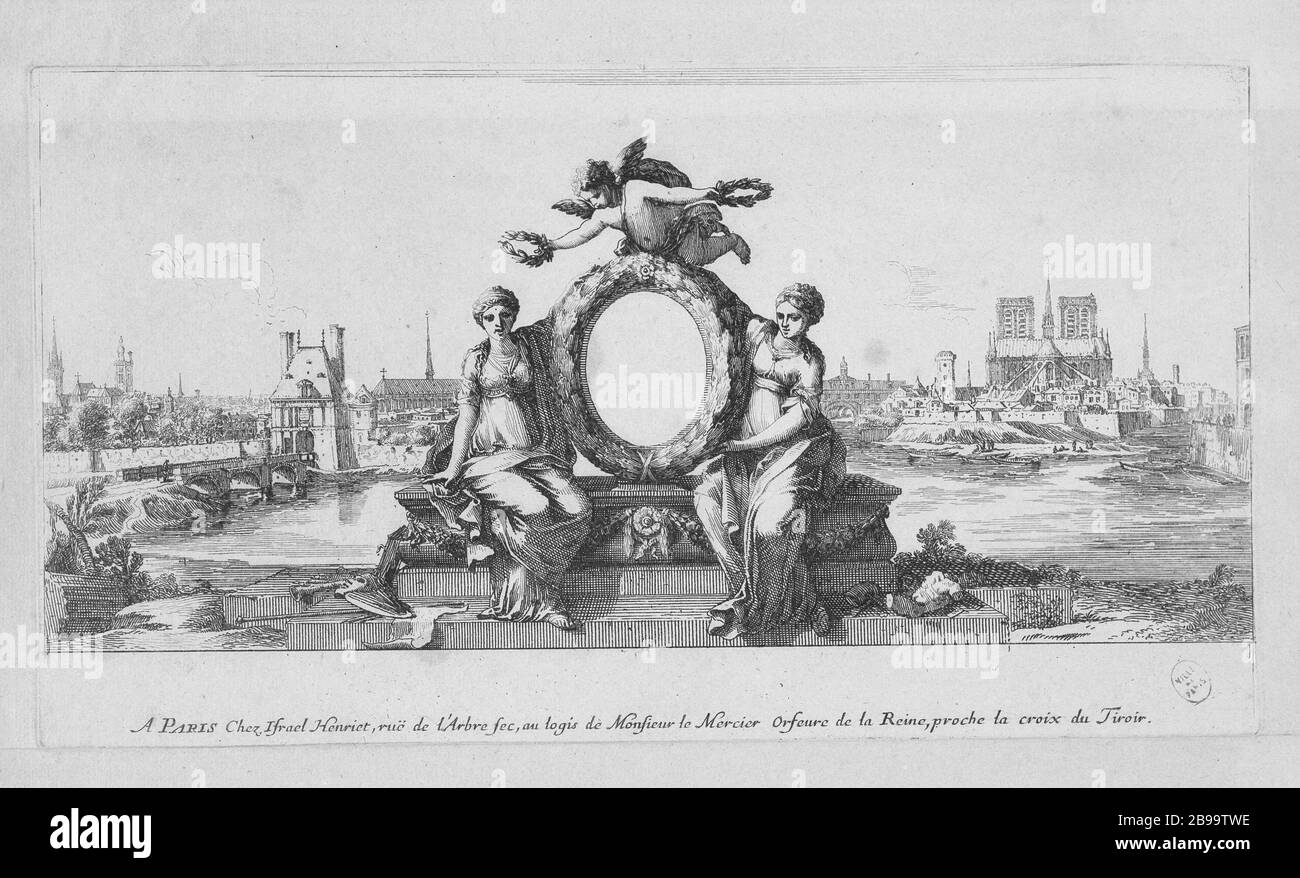 VUE SUR LA VILLE DE PARIS EN DESCENDANT LA POINTE DE LA SEINE DE L'ÎLE SAINT LOUIS Israël Silvestre (1621-1691) et Jean le Pautre. 'Vue de la ville de Paris en descendant la Seine pry de la pointe de l'île Saint-Louis.' Eau-forte, 1650-1660. Paris, musée Carnavalet. Banque D'Images
