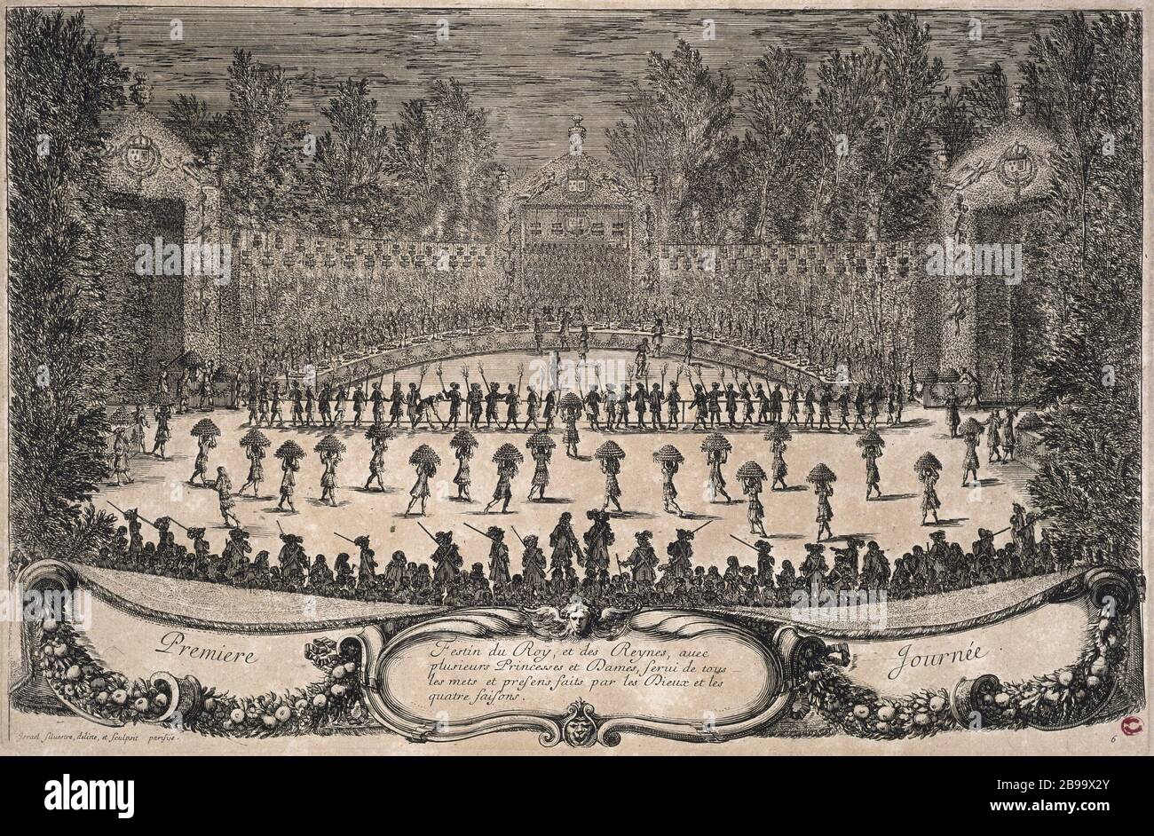 LES PLAISIRS DE MAGIC ISLAND, PREMIER JOUR PLAQUE 6 - FÊTE DU ROI ET DE LA REINE AVEC LA PRINCESSE ET PLUS DE DAMES ISRAËL SILVESTRE (1621-1691). 'Les plaisirs de l'île enchantée, première journée planète 6 - fesestin du roi et des reines avec plusieurs princesses et dames...'. Gravité. Paris, musée Carnavalet. Banque D'Images