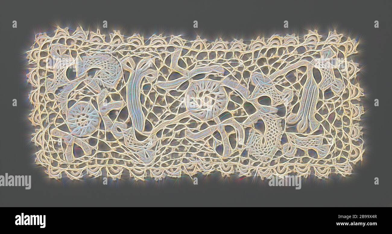 Manchette en crochet avec fleurs rondes et fleurs calice allongées, manchette en crochet irlandais naturel. Modèle rectangulaire. Motif avec deux fleurs rondes et deux fleurs calice allongées. Le brassard est terminé tout autour avec un bord festonné de doubles arcs, avec des picots sur les arcs extérieurs., anonyme, pays-Bas (éventuellement), c. 1900 - c. 1910, coton (textile), h 10.5 cm Ã— W 20 cm, repensé par Gibon, design chaleureux et gai lumineux de la luminosité et des rayons de lumière radiance. L'art classique réinventé avec une touche moderne. Photographie inspirée par le futurisme, embrassant l'énergie dynamique de la technologie moderne, movem Banque D'Images